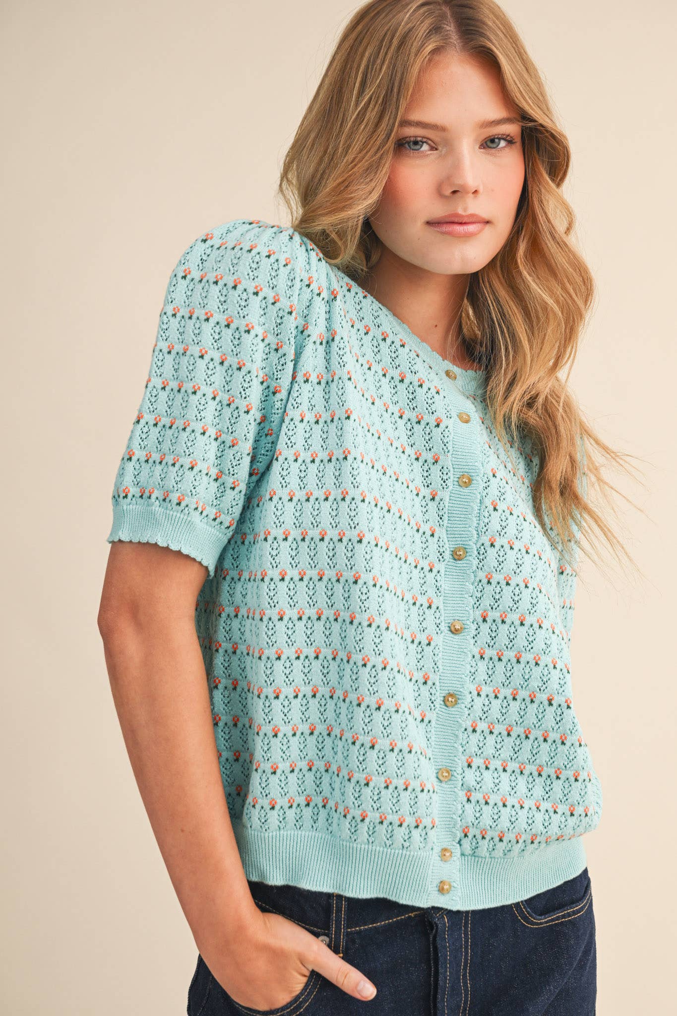 Pointelle Puff Sleeve