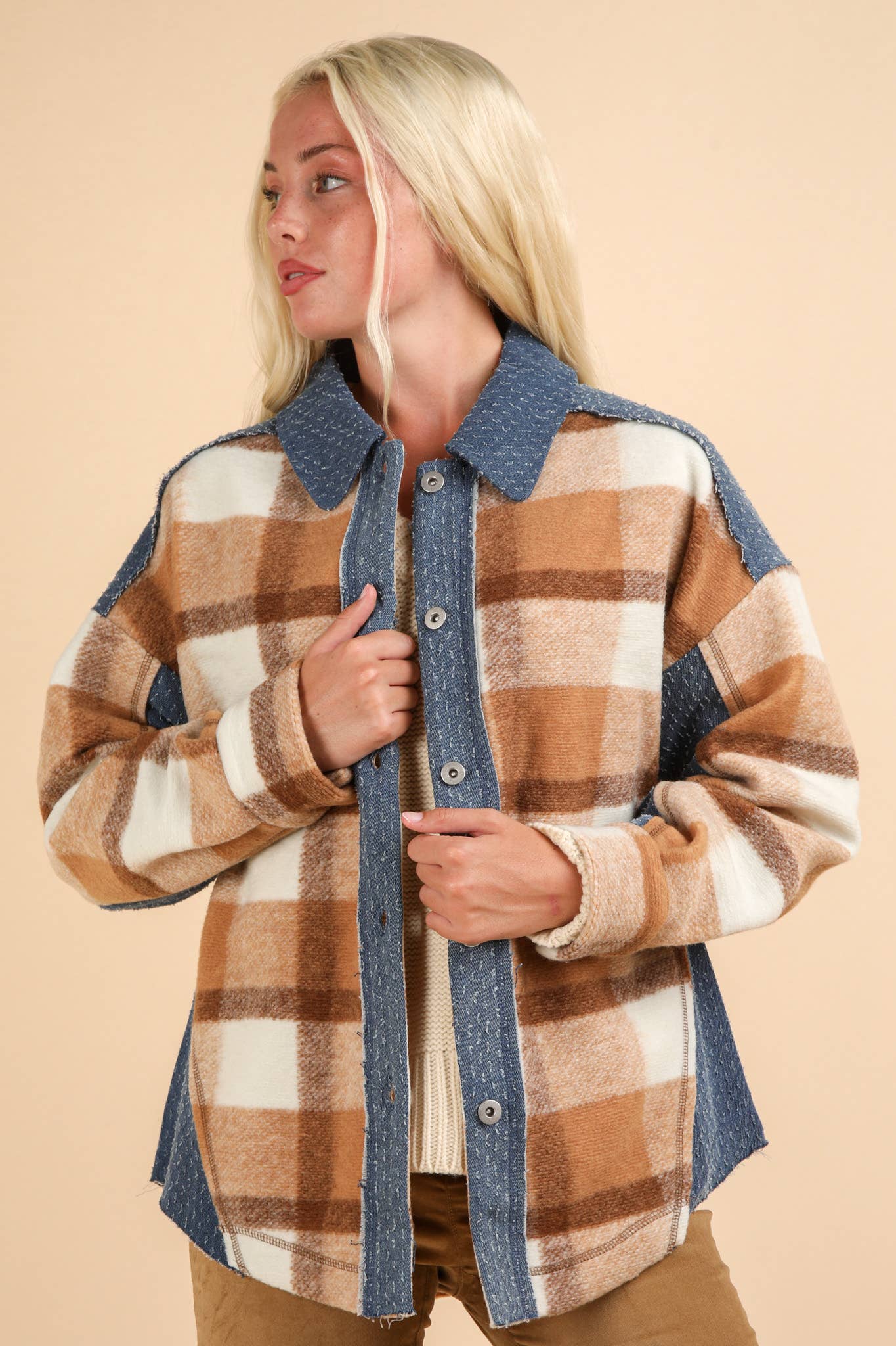 Textured Denim Contrast Plaid Shacket