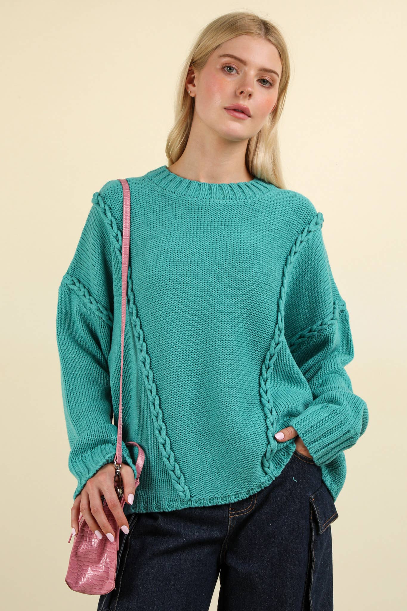 Chunky Braid Oversized Sweater | Teal Blue