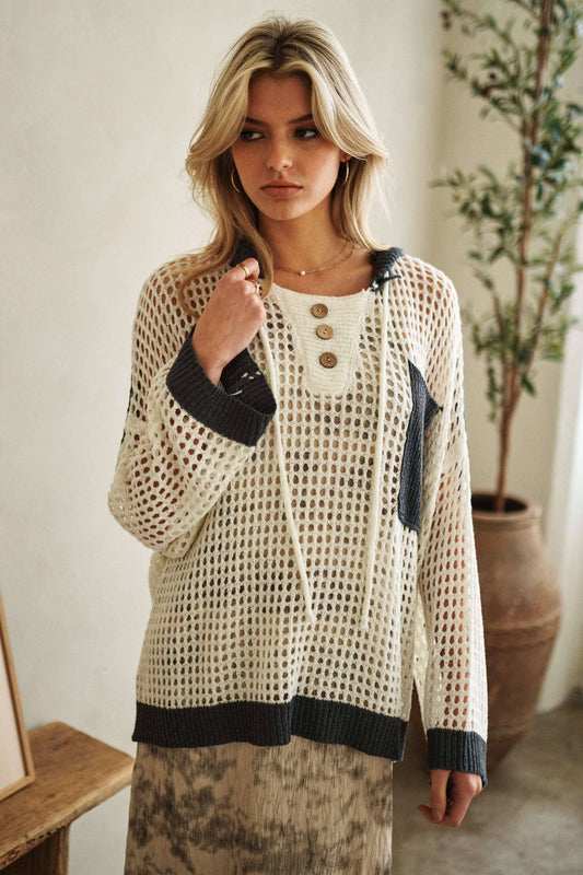 Hooded Fishnet Color Block Spring Sweater