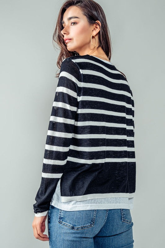 Double Layer Stripe Knit Top | Black & Ivory