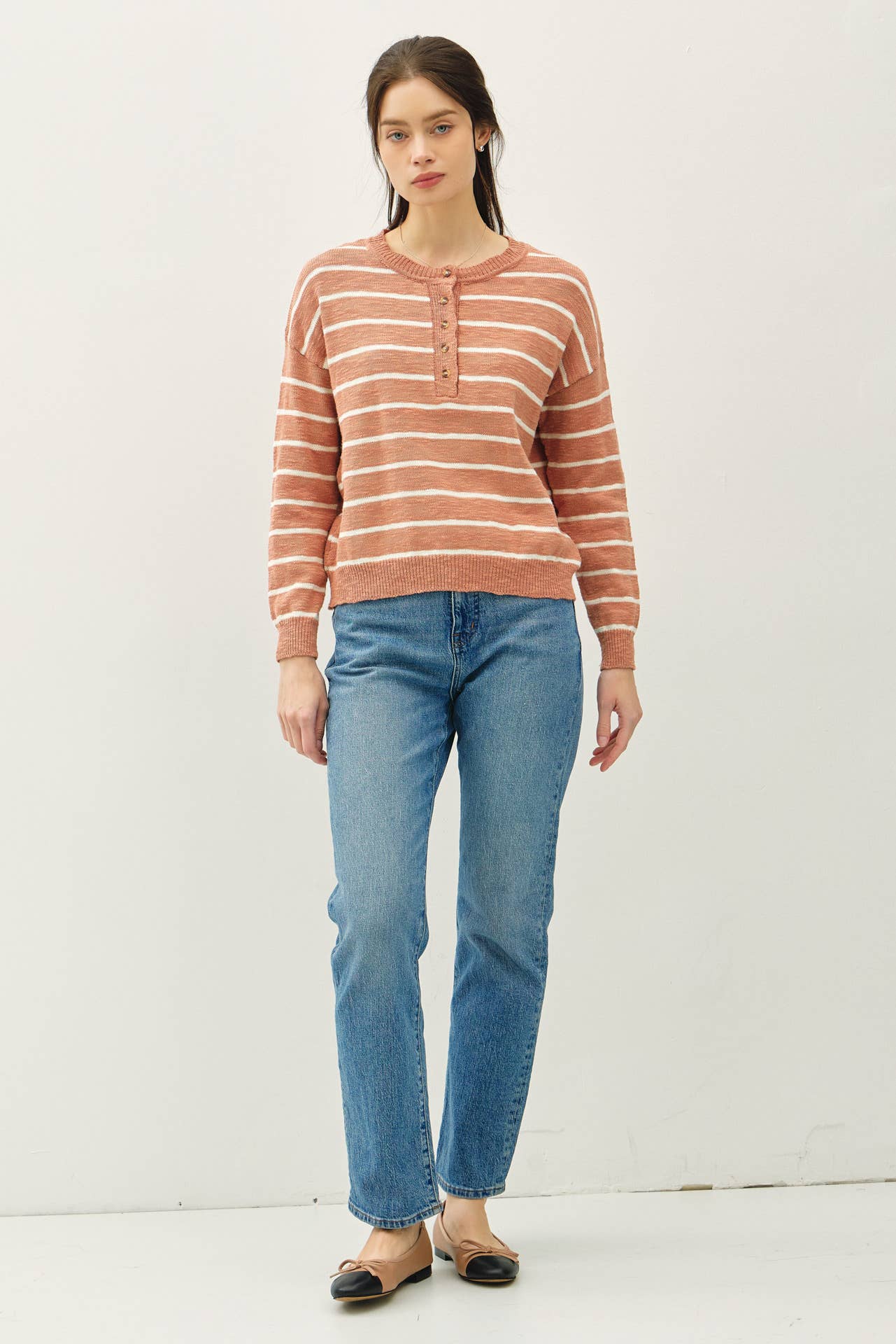 Striped Cotton Henley | Terracotta