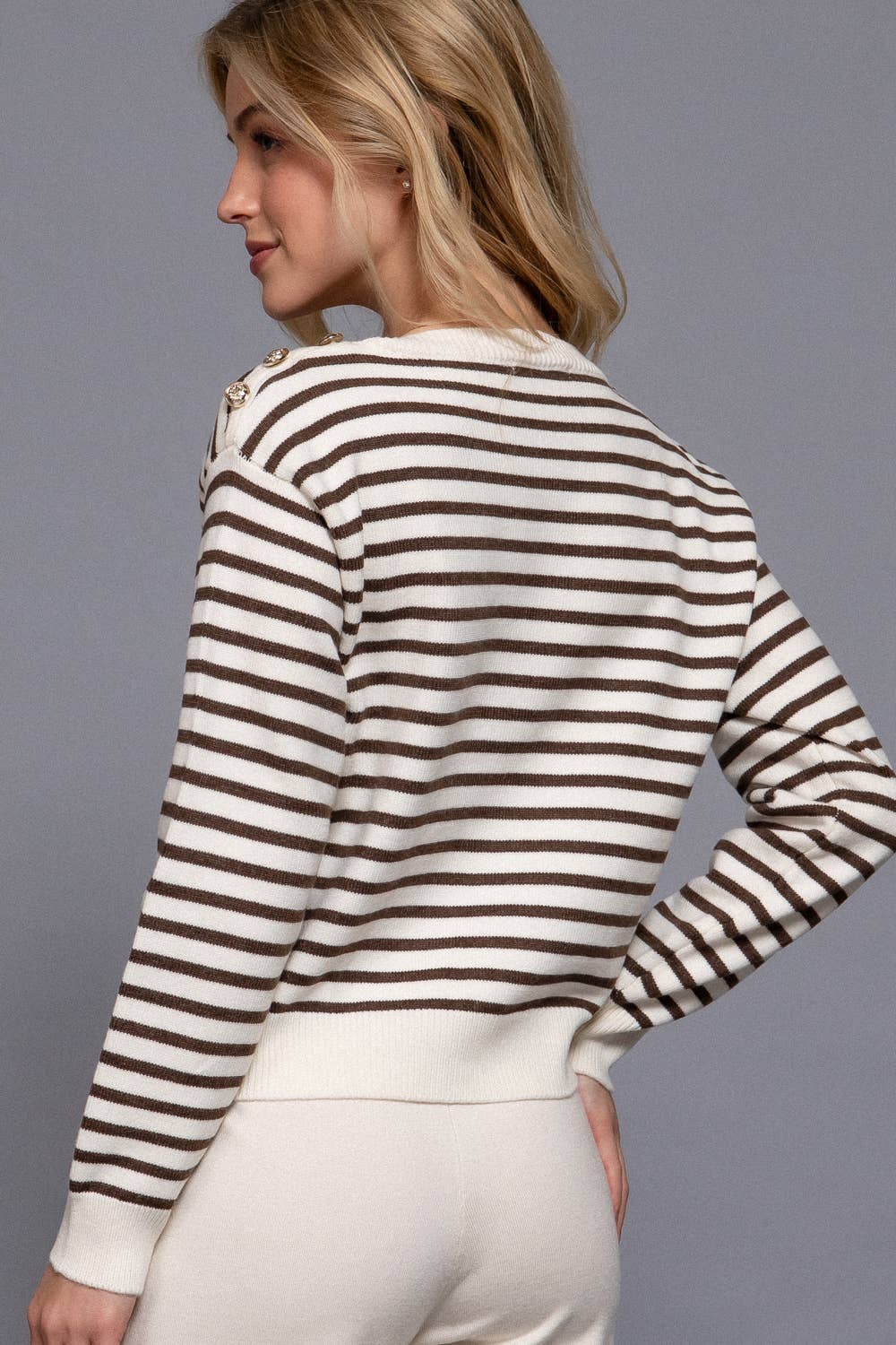 Buttoned Shoulder Stripe Sweater