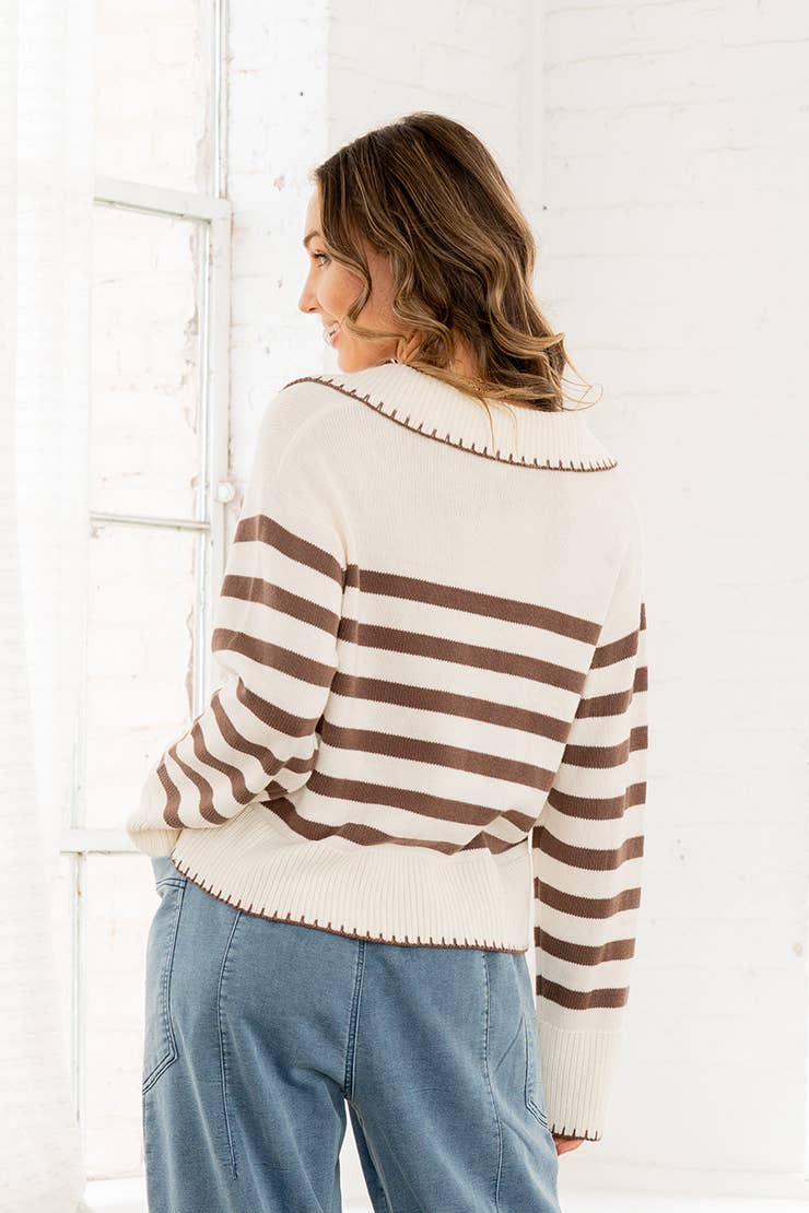 V-Neck Collared Striped Sweater