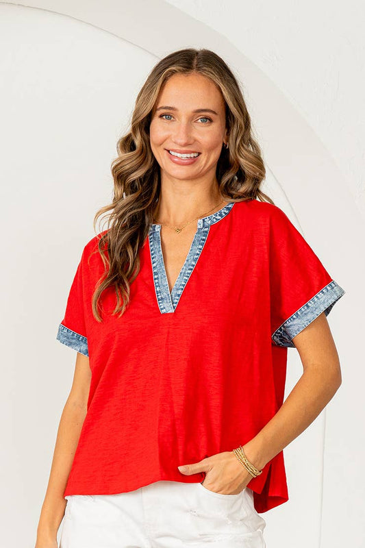 Relaxed Fit Denim Trim Top