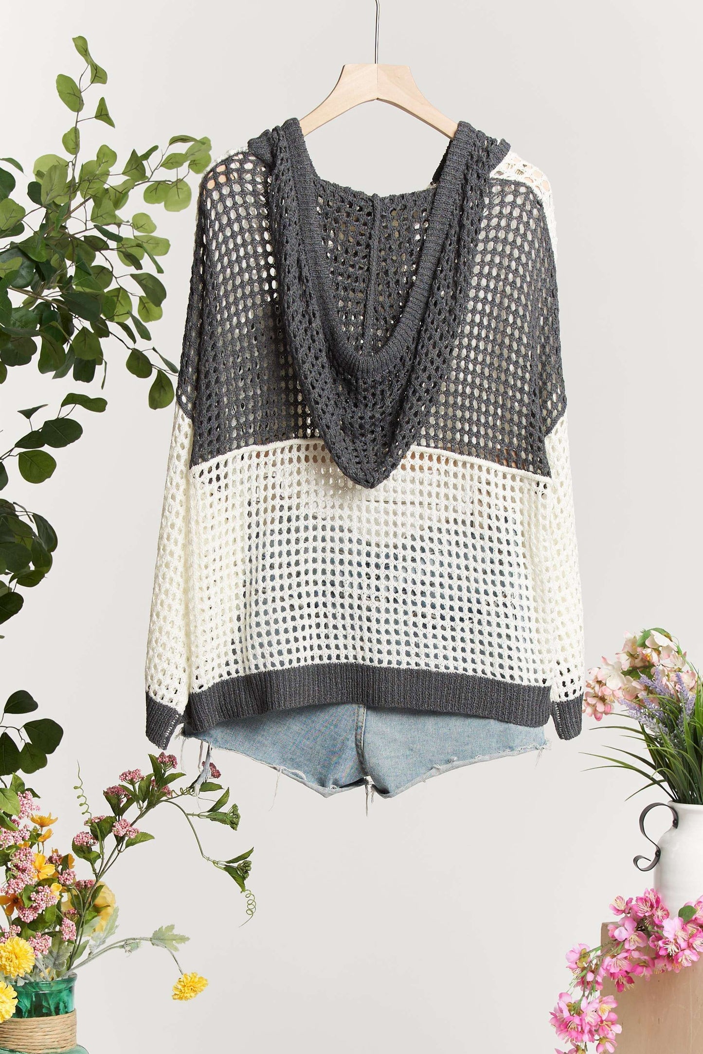 Hooded Fishnet Color Block Spring Sweater