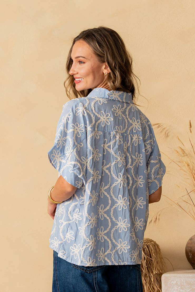 Dolman Sleeve Button Down Collared Embroidered Top