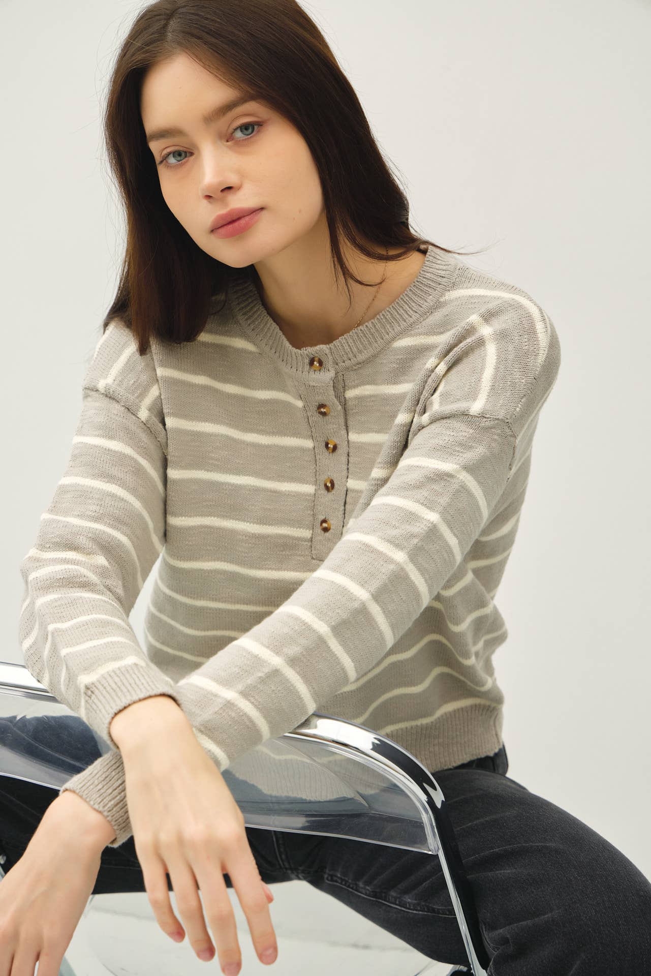 Striped Cotton Slub Henley Sweater