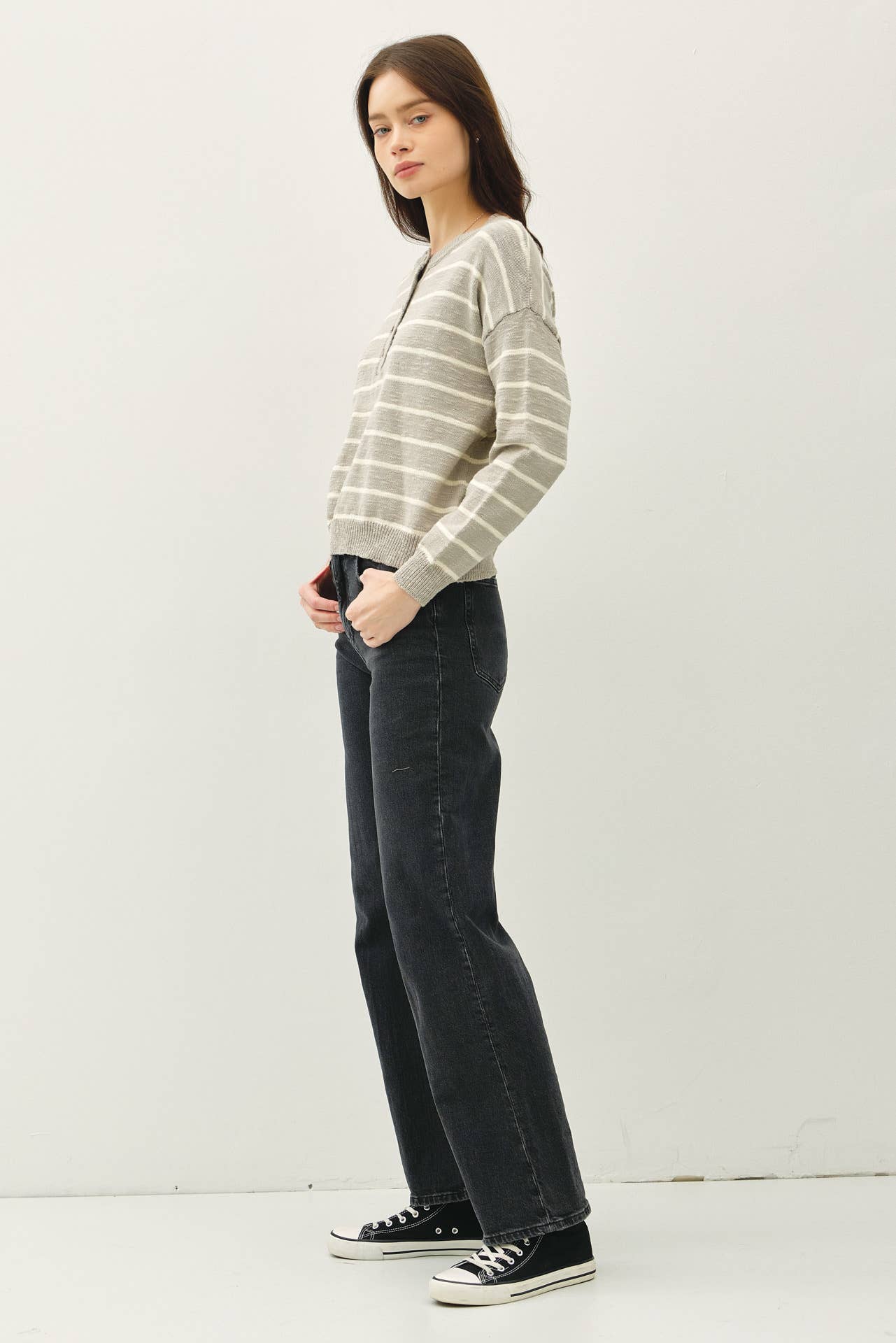 Striped Cotton Slub Henley Sweater