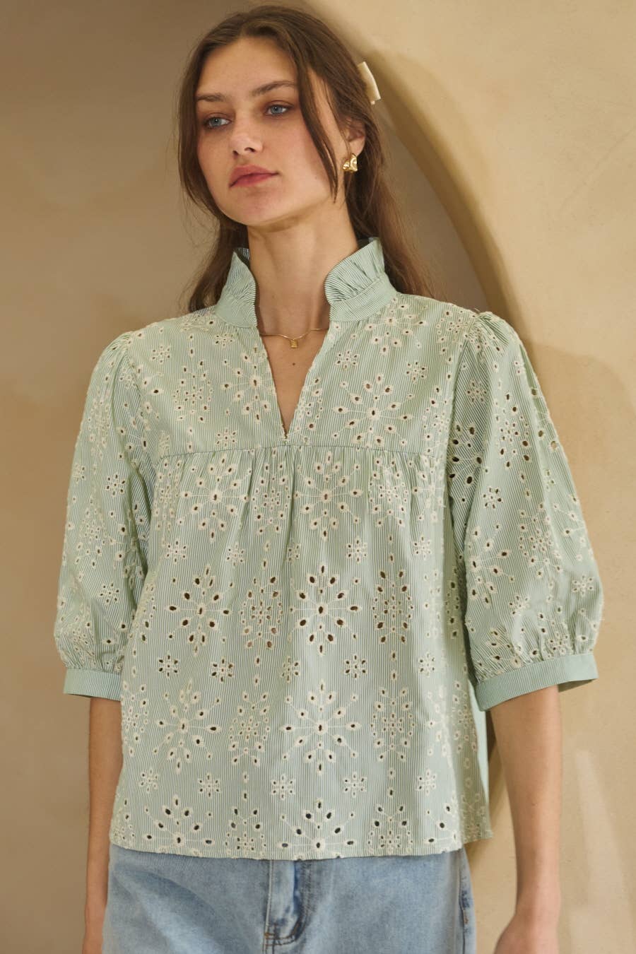 Embroidery Pin Striped Top