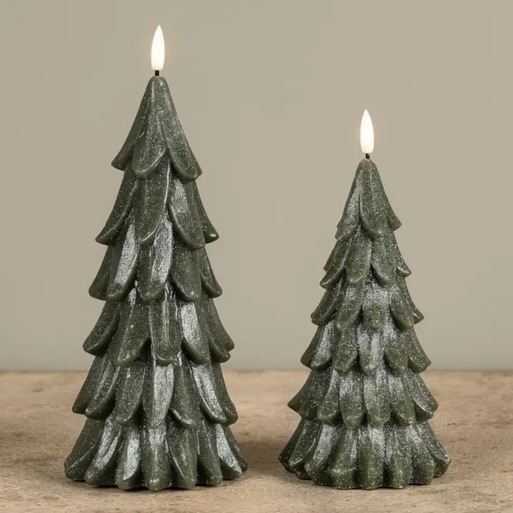 9.25" Green Shimmer 3D Flame |  Alabaster Pine Tree Candle