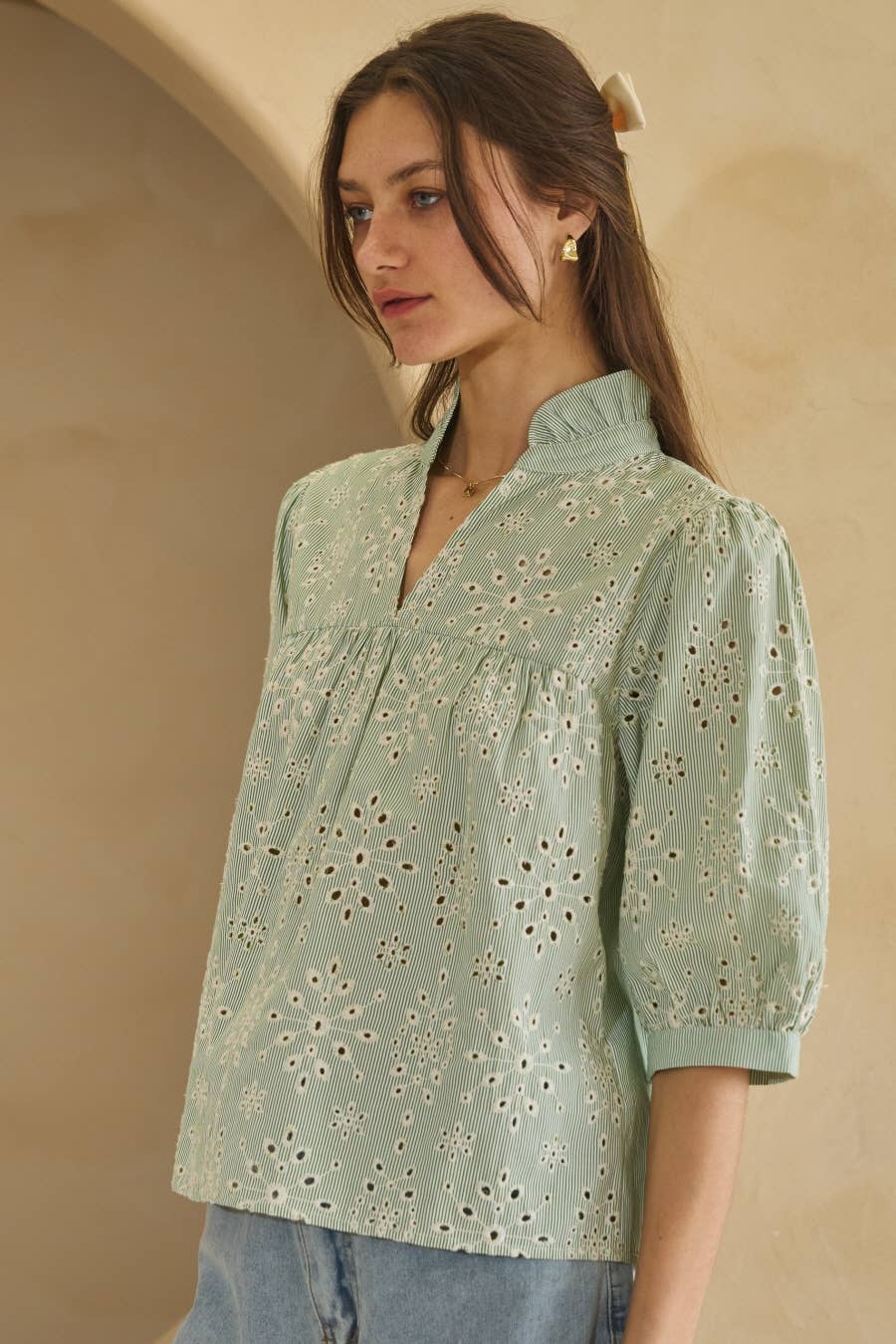 Embroidery Pin Striped Top
