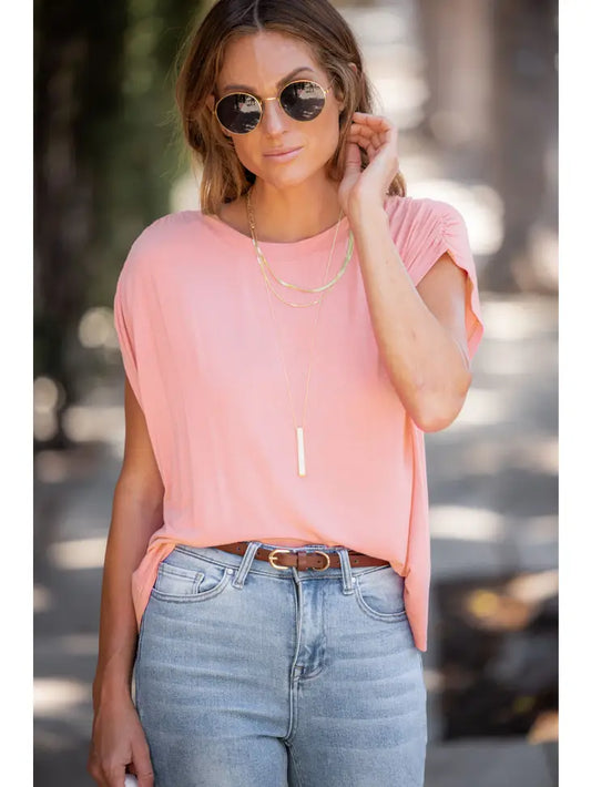 Casual Ruched Shoulder Tee | Light Peach