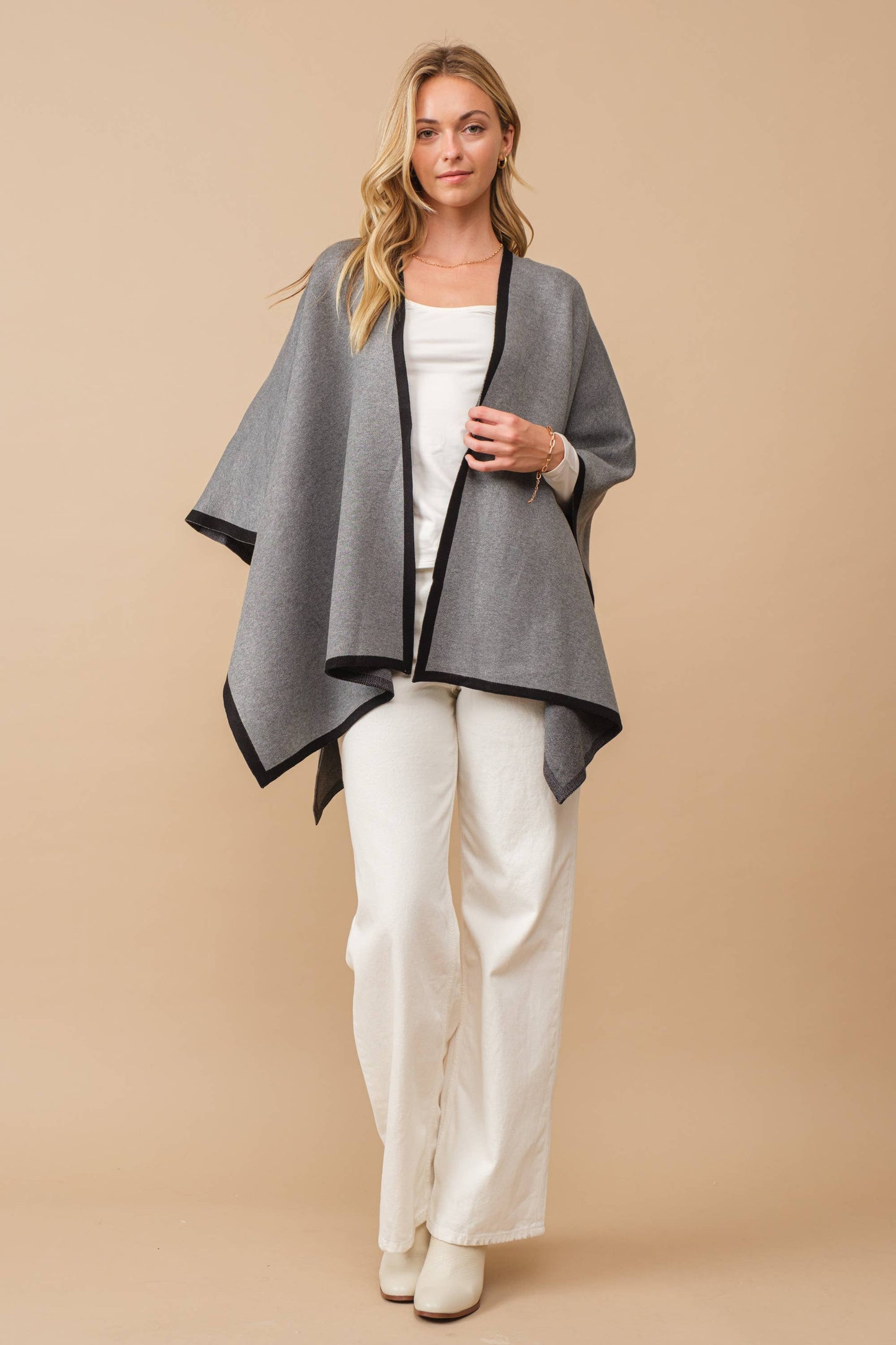 Heavy Knit Contrast Hem Blanket Poncho