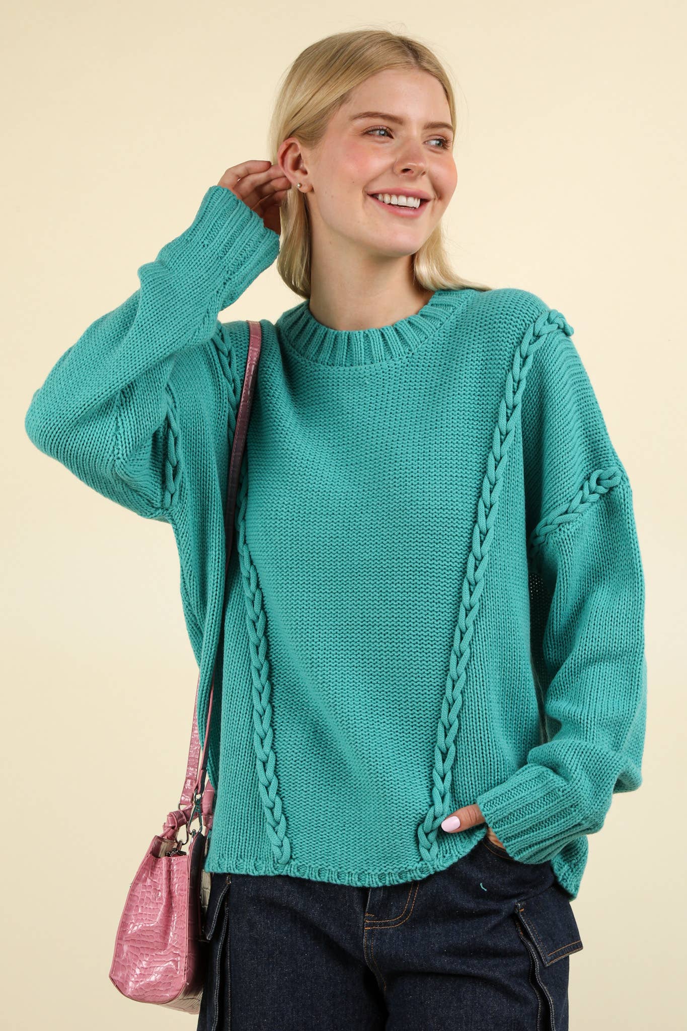 Chunky Braid Oversized Sweater | Teal Blue