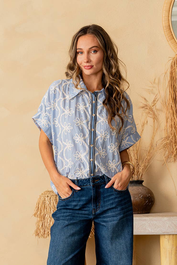 Dolman Sleeve Button Down Collared Embroidered Top