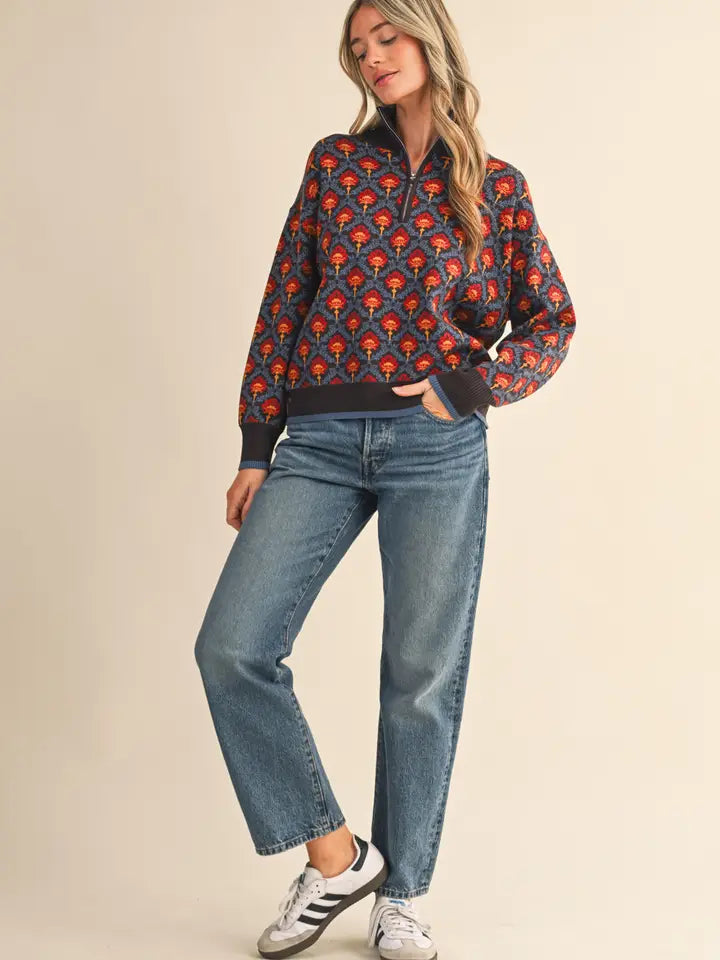 Floral Mock Neck Half Zip Pullover
