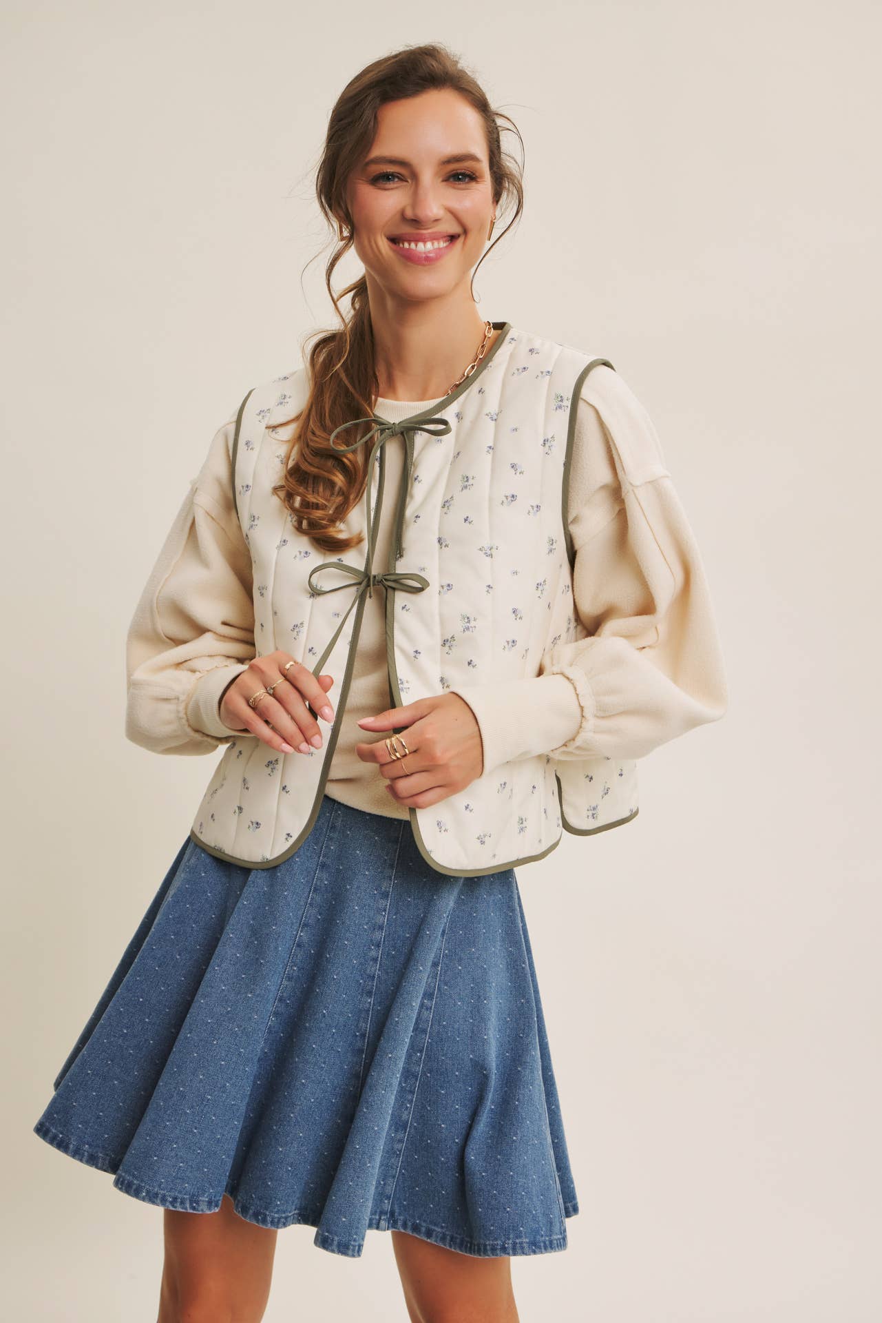 Floral Quilted Vest With Bows