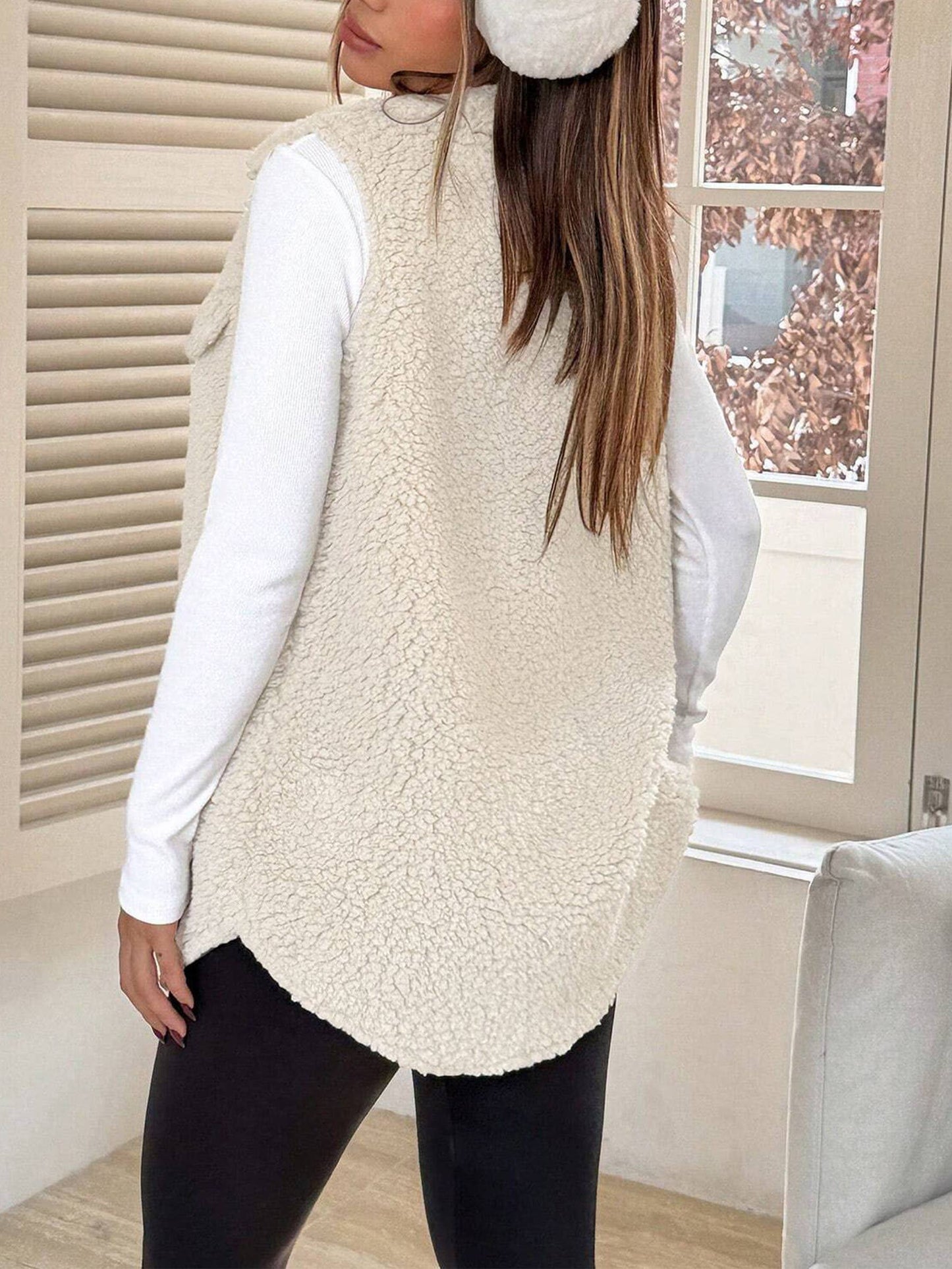 Flip Collar Button Up Plush Vest Jacket