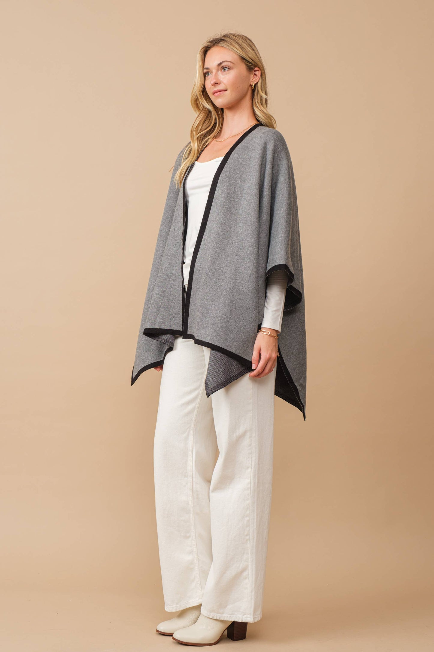 Heavy Knit Contrast Hem Blanket Poncho