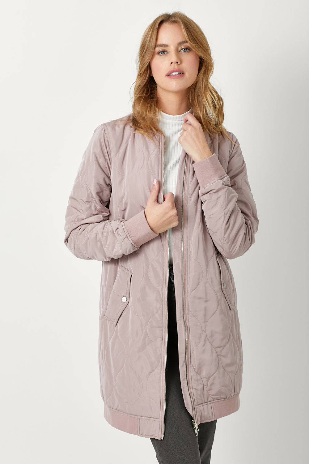 Quilted Long Bomber Jacket | Dusty Rose