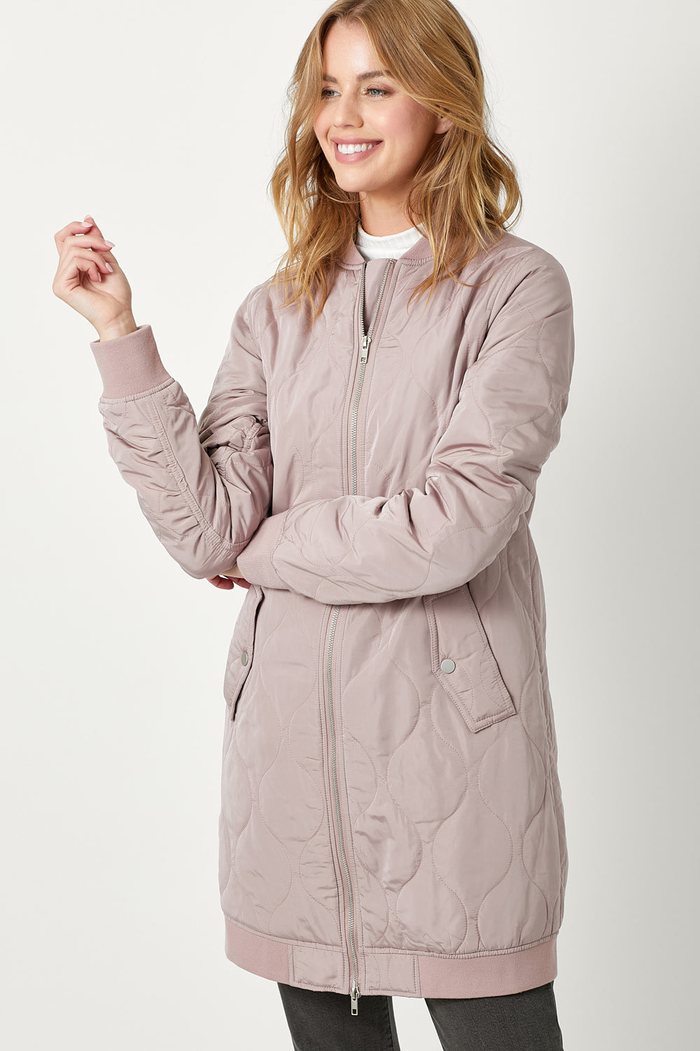 Quilted Long Bomber Jacket | Dusty Rose