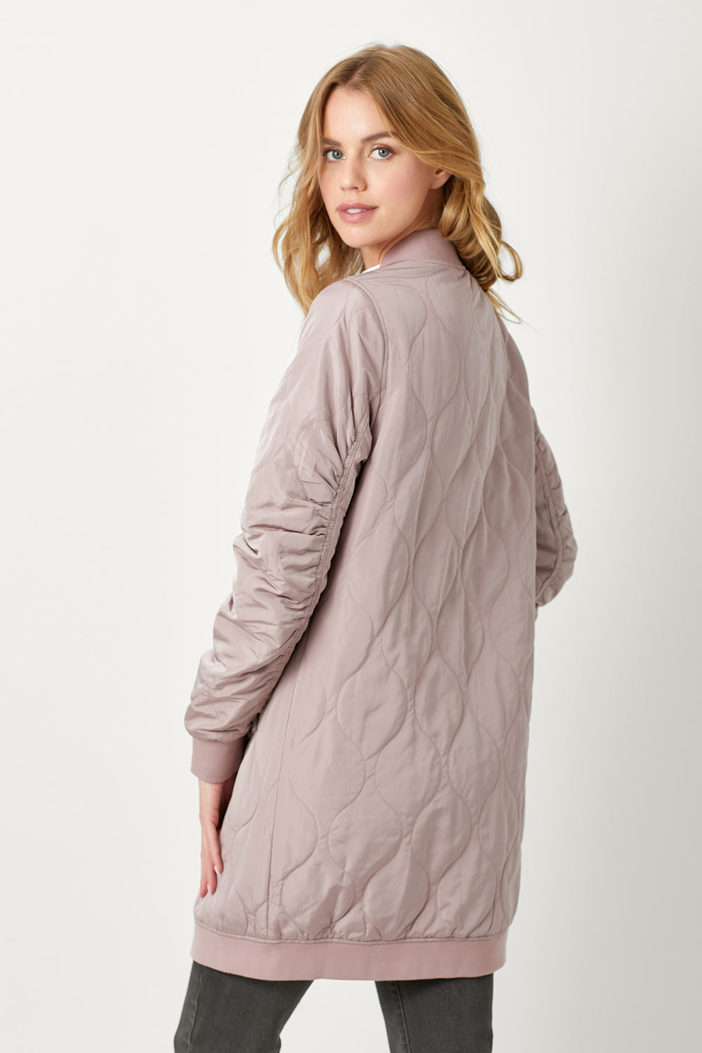 Quilted Long Bomber Jacket | Dusty Rose