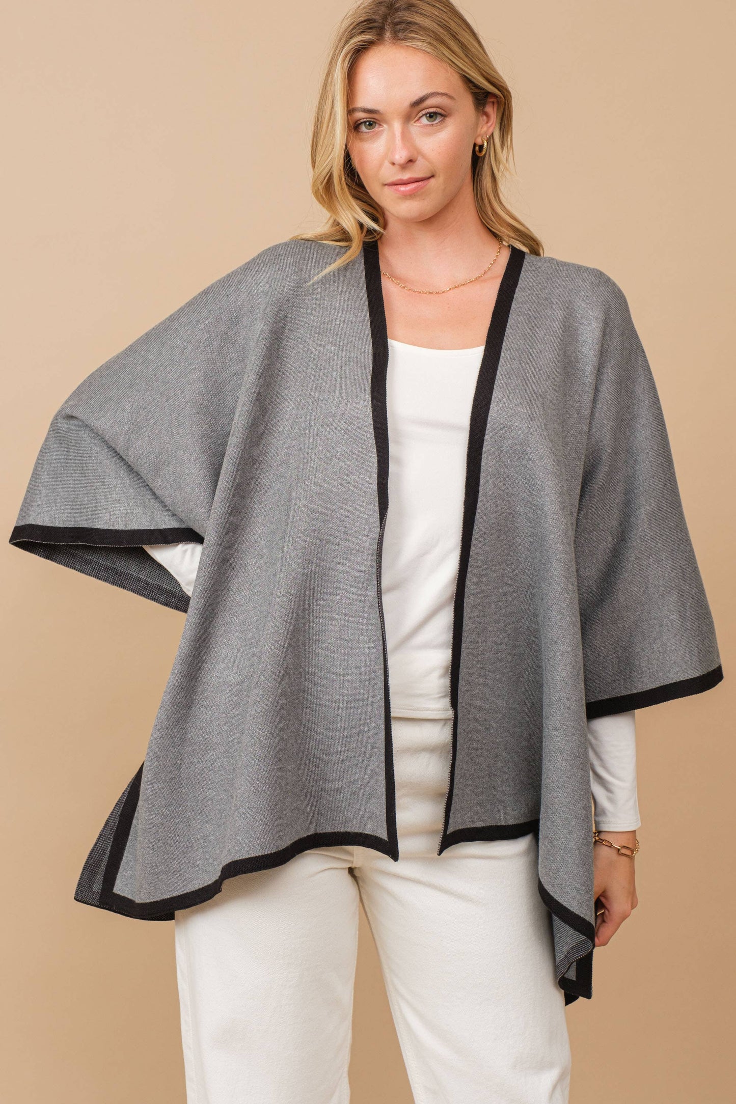 Heavy Knit Contrast Hem Blanket Poncho