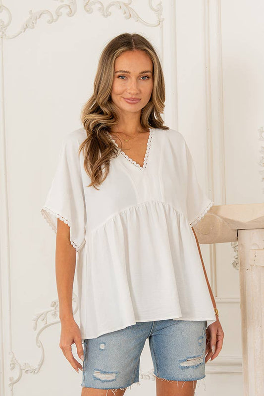 Relaxed Fit V Neck Short Sleeve Flowy Top