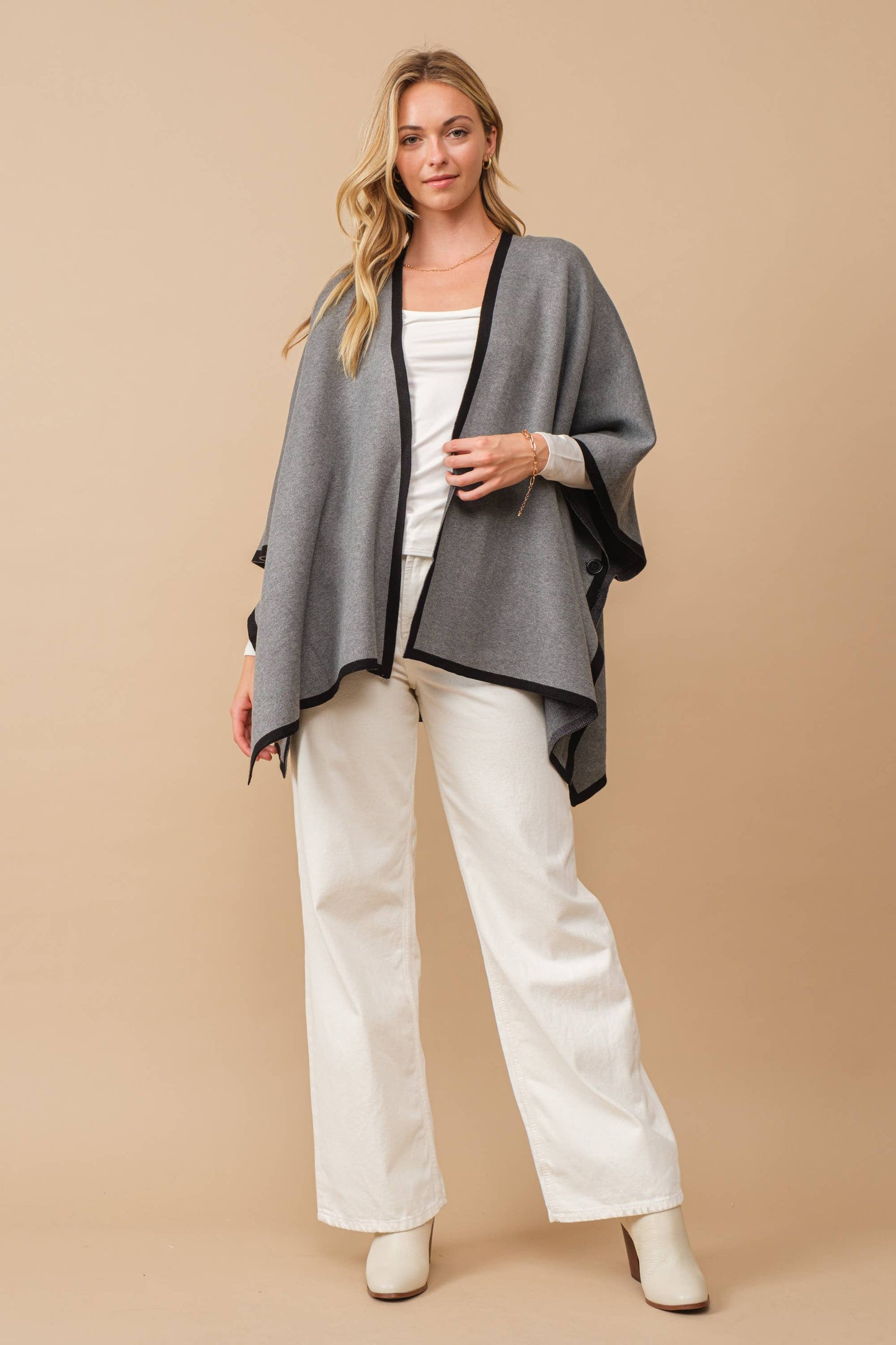 Heavy Knit Contrast Hem Blanket Poncho