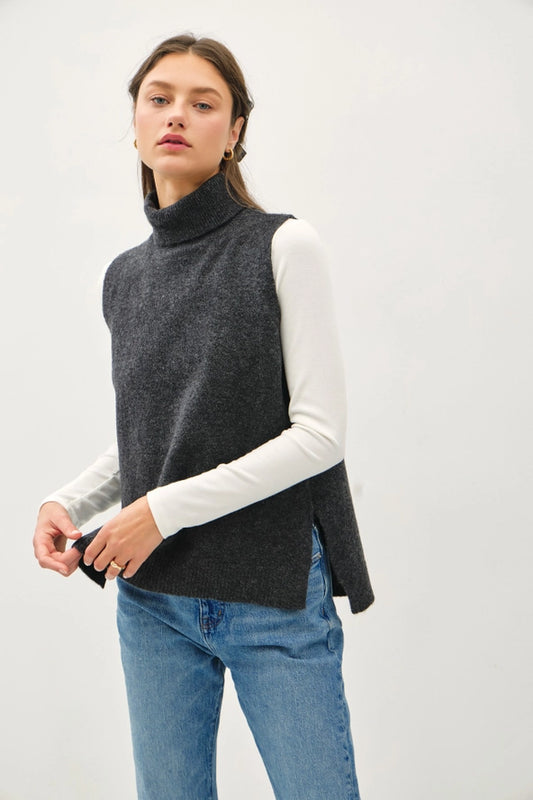 Wool Blend Turtleneck Sweater Vest | Charcoal