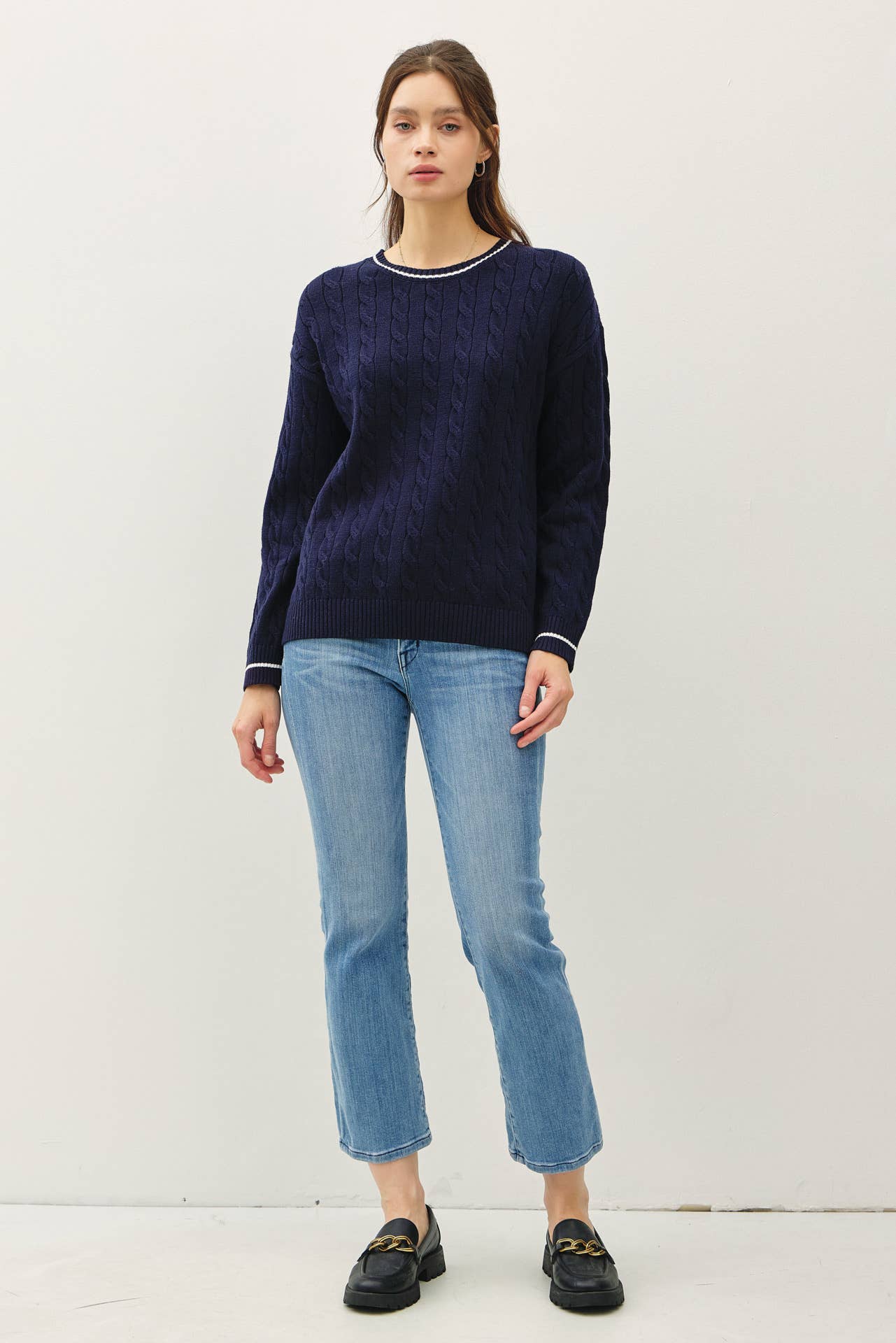 Cable Knit Sweater with Tipping | Navy