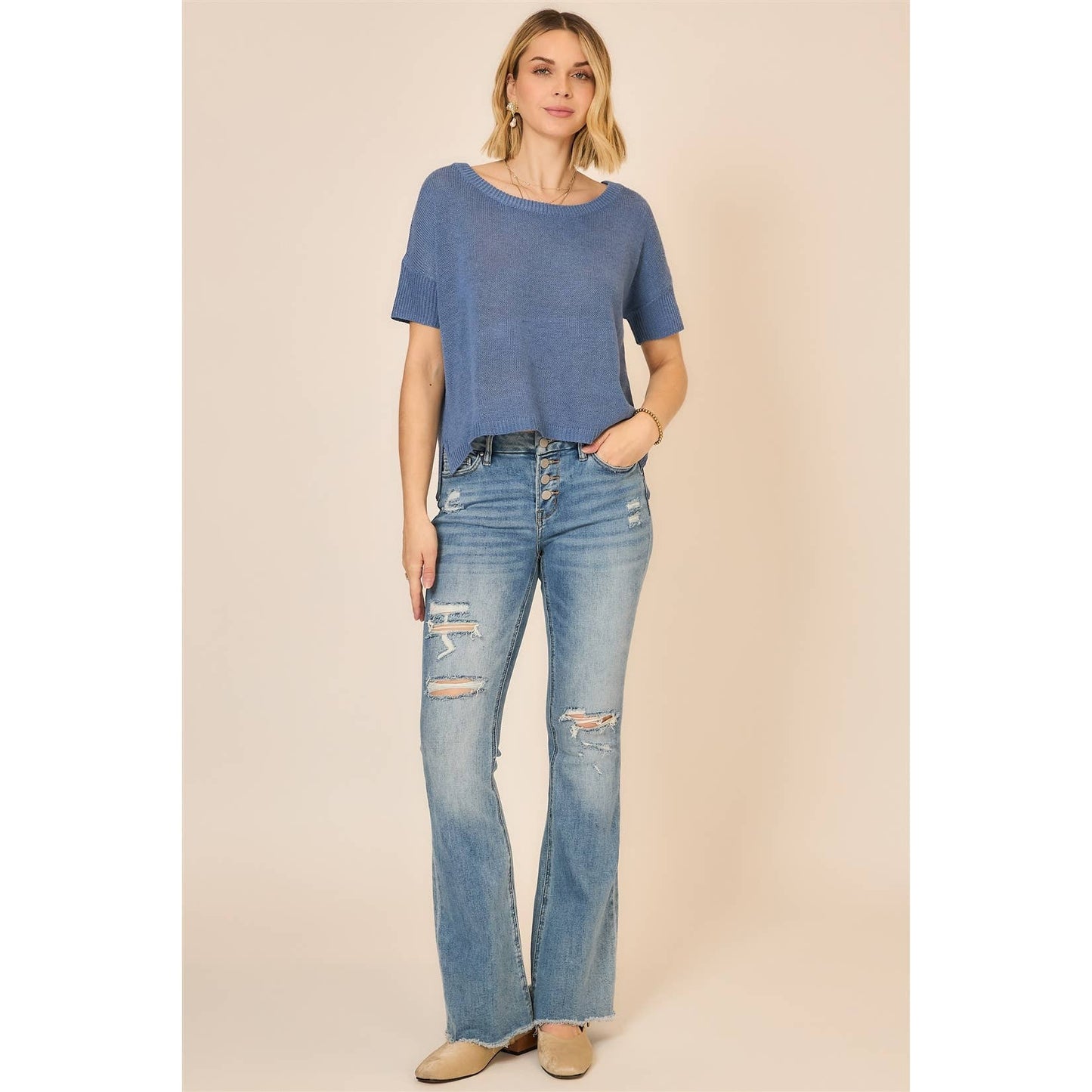 Boatneck Knit Short Sleeve Top