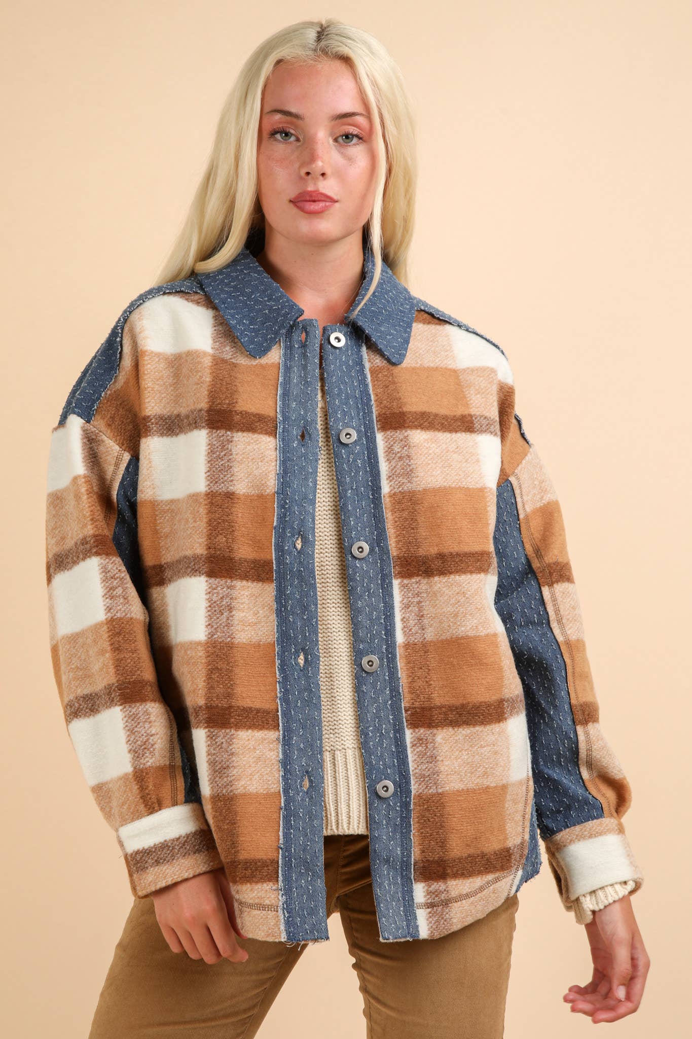 Textured Denim Contrast Plaid Shacket