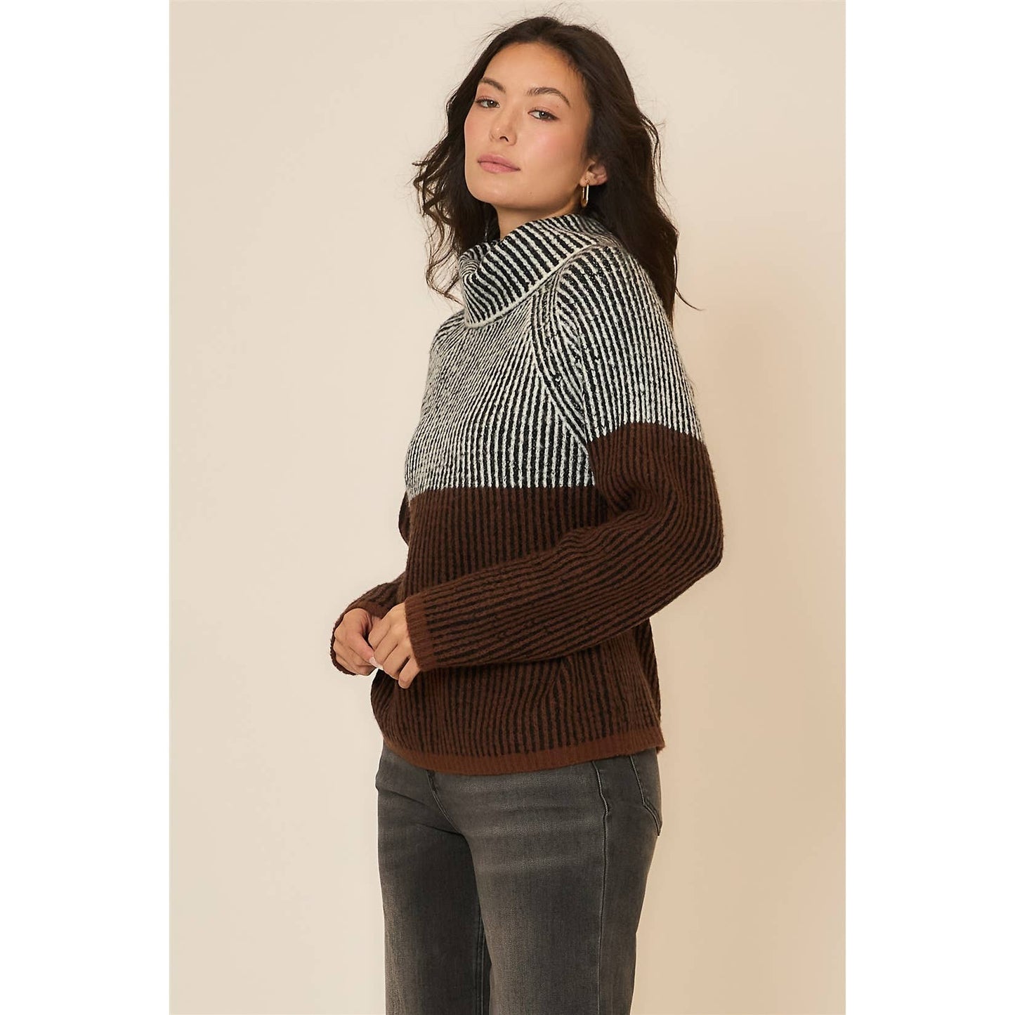 Brushed Rib Knit Cowl Neck Sweater