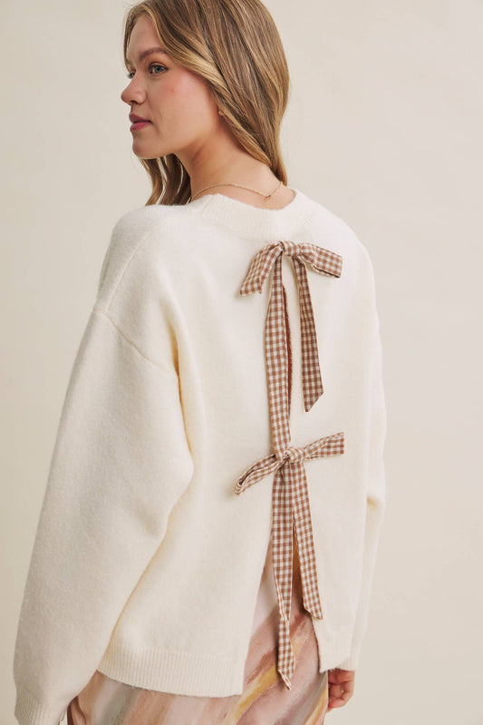 Open-Back Gingham Bow Sweater