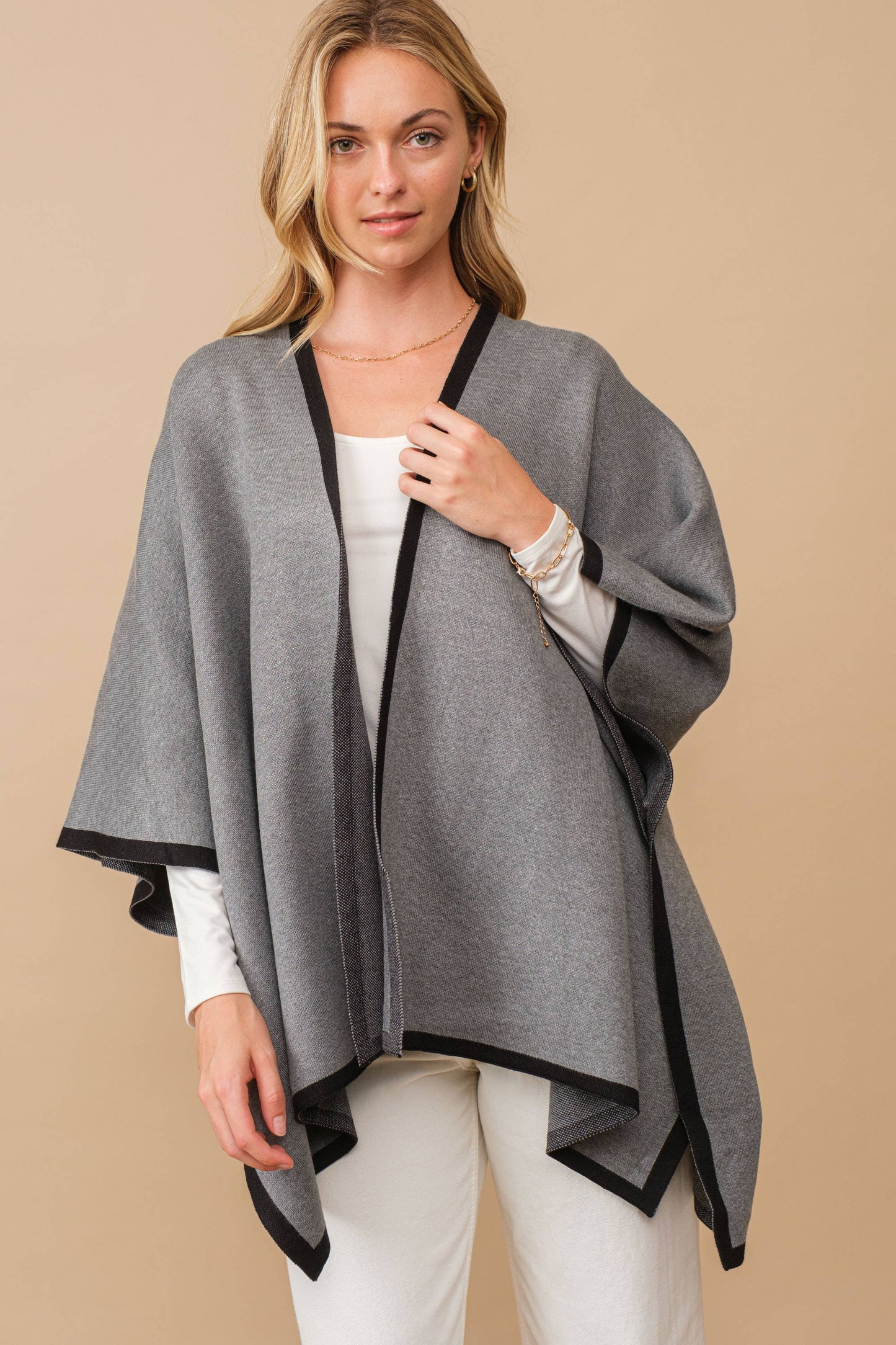 Heavy Knit Contrast Hem Blanket Poncho