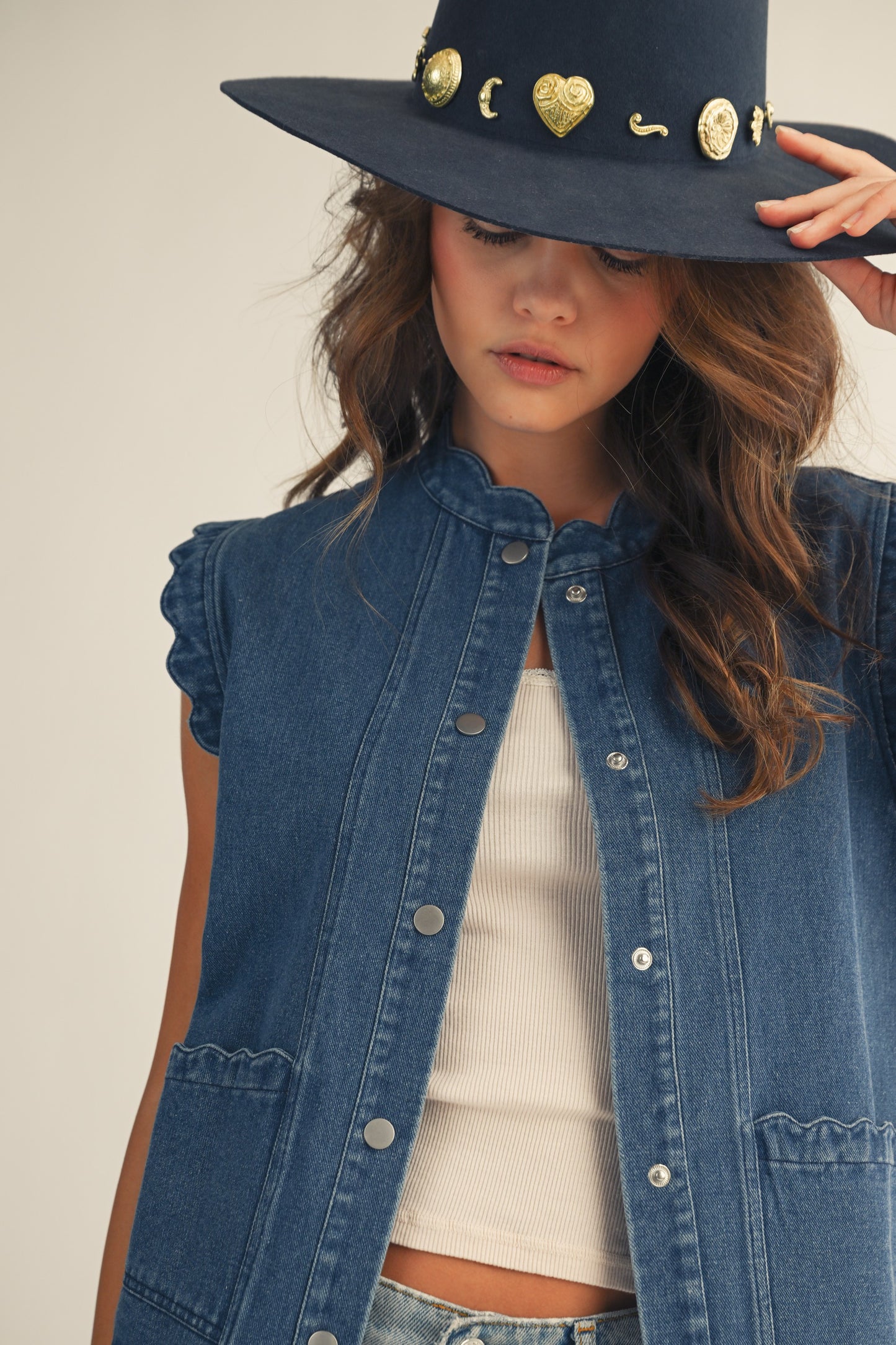 Washed Ruffle Edge Denim Vest