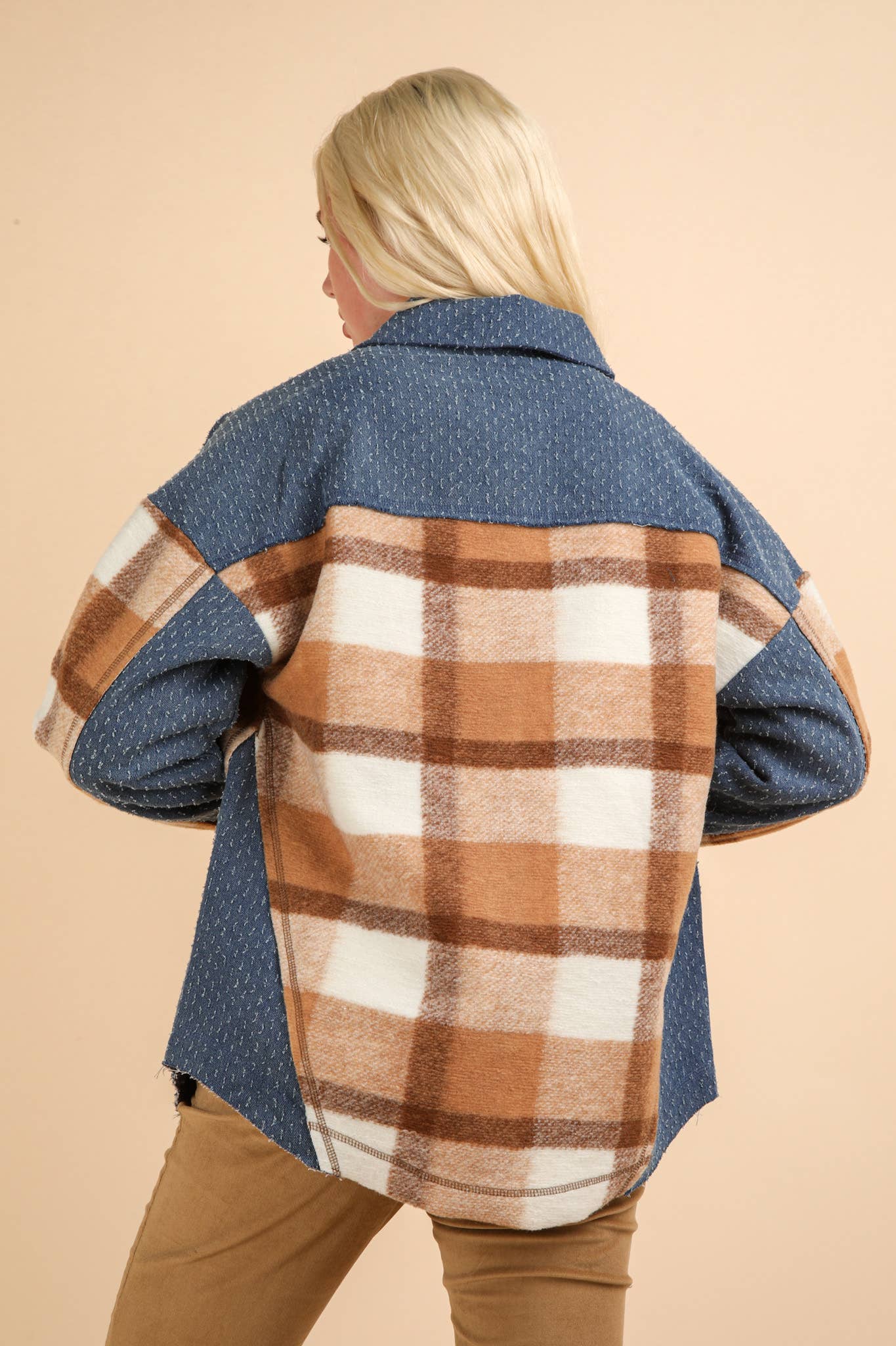 Textured Denim Contrast Plaid Shacket