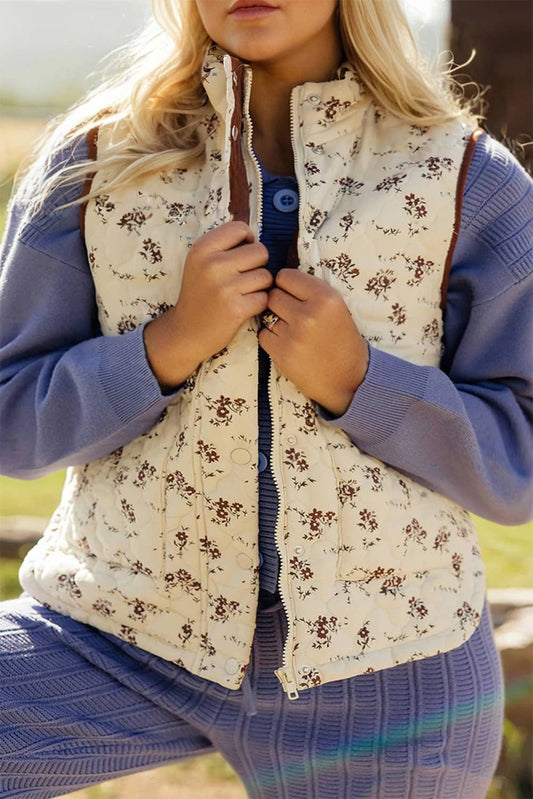 Floral Print Zip Up Quilted Vest