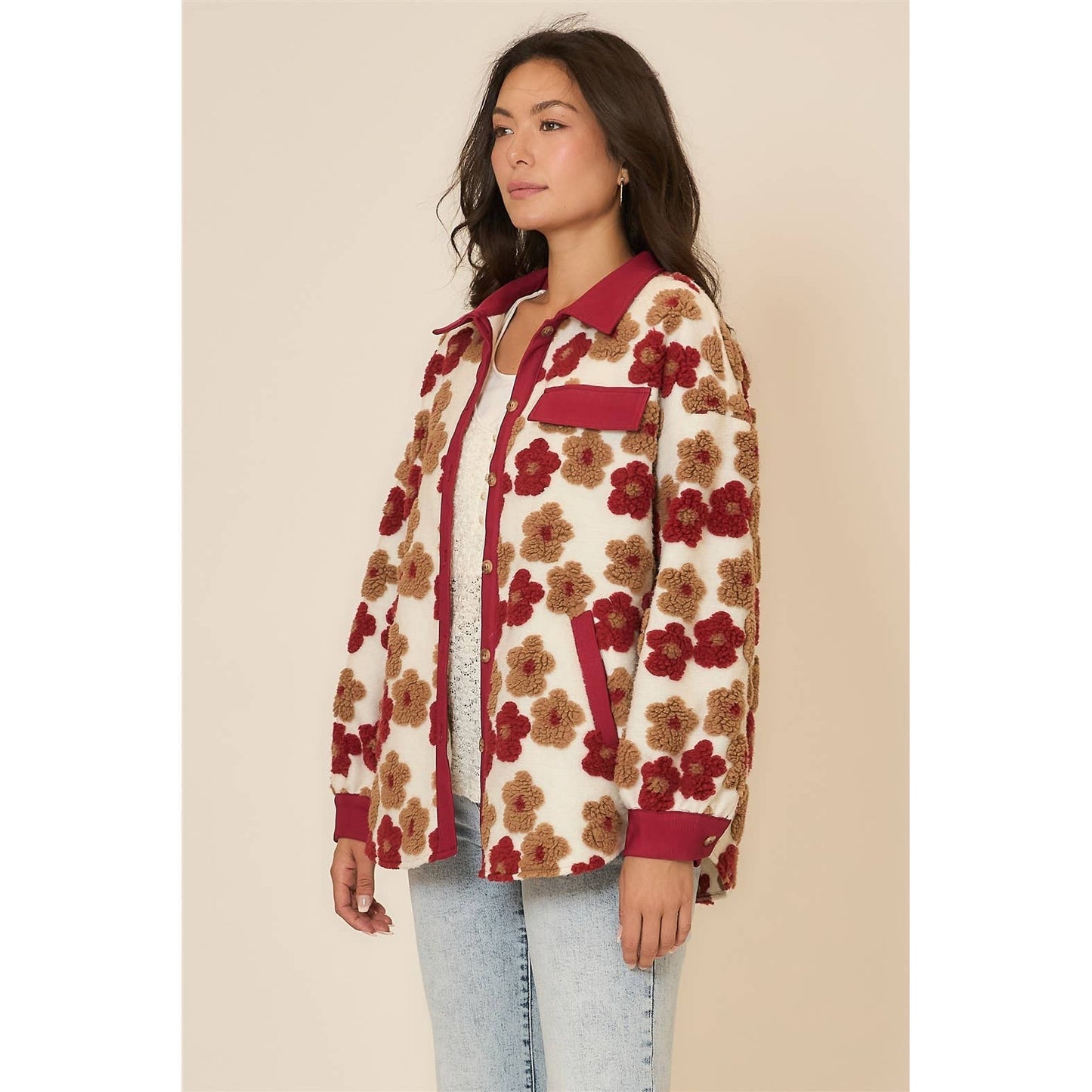 Floral High Pile Fleece Burnout Jacket