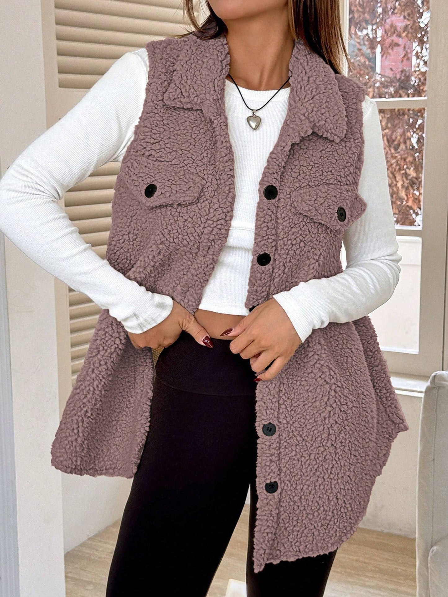Flip Collar Button Up Plush Vest Jacket