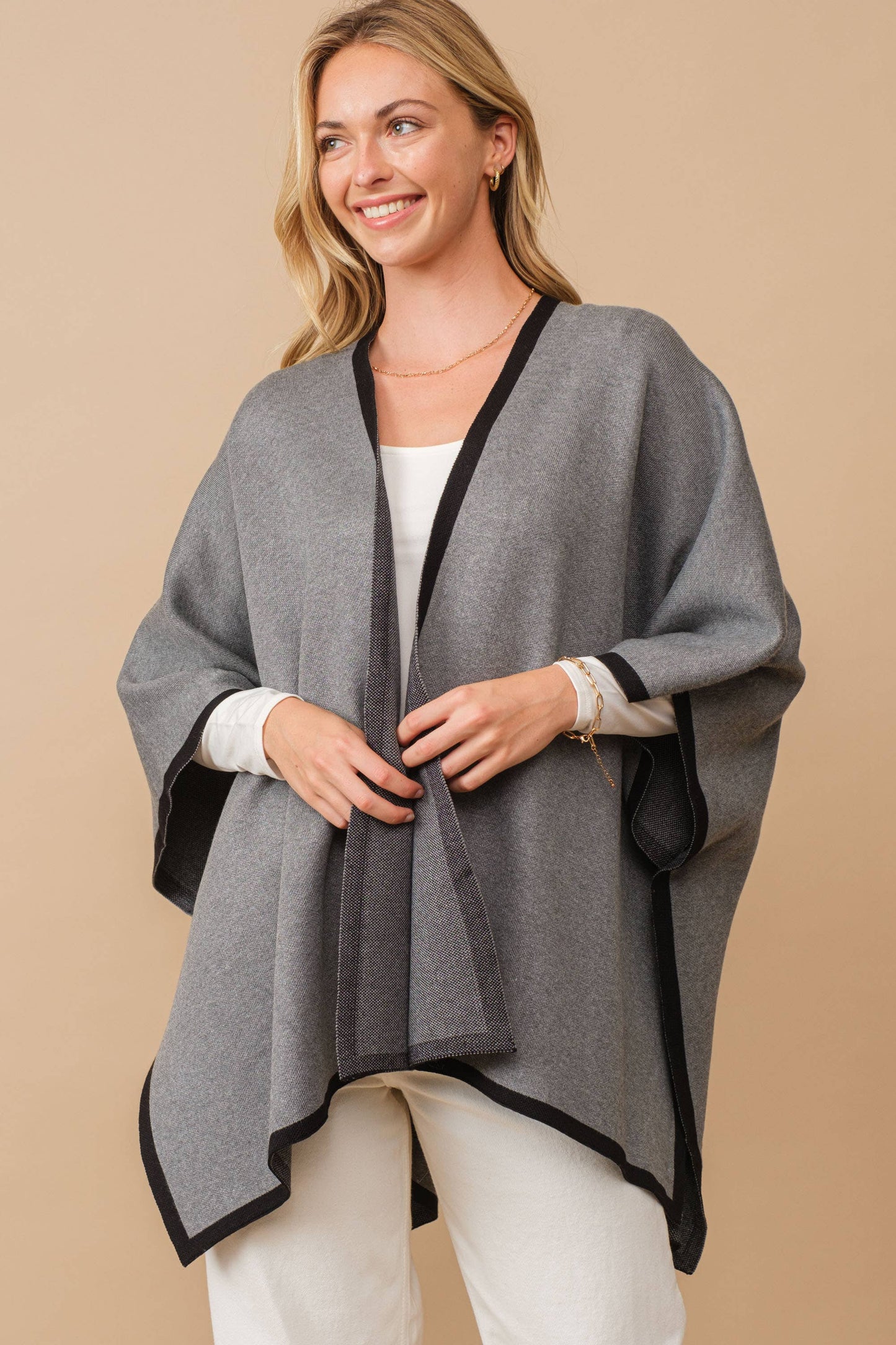 Heavy Knit Contrast Hem Blanket Poncho