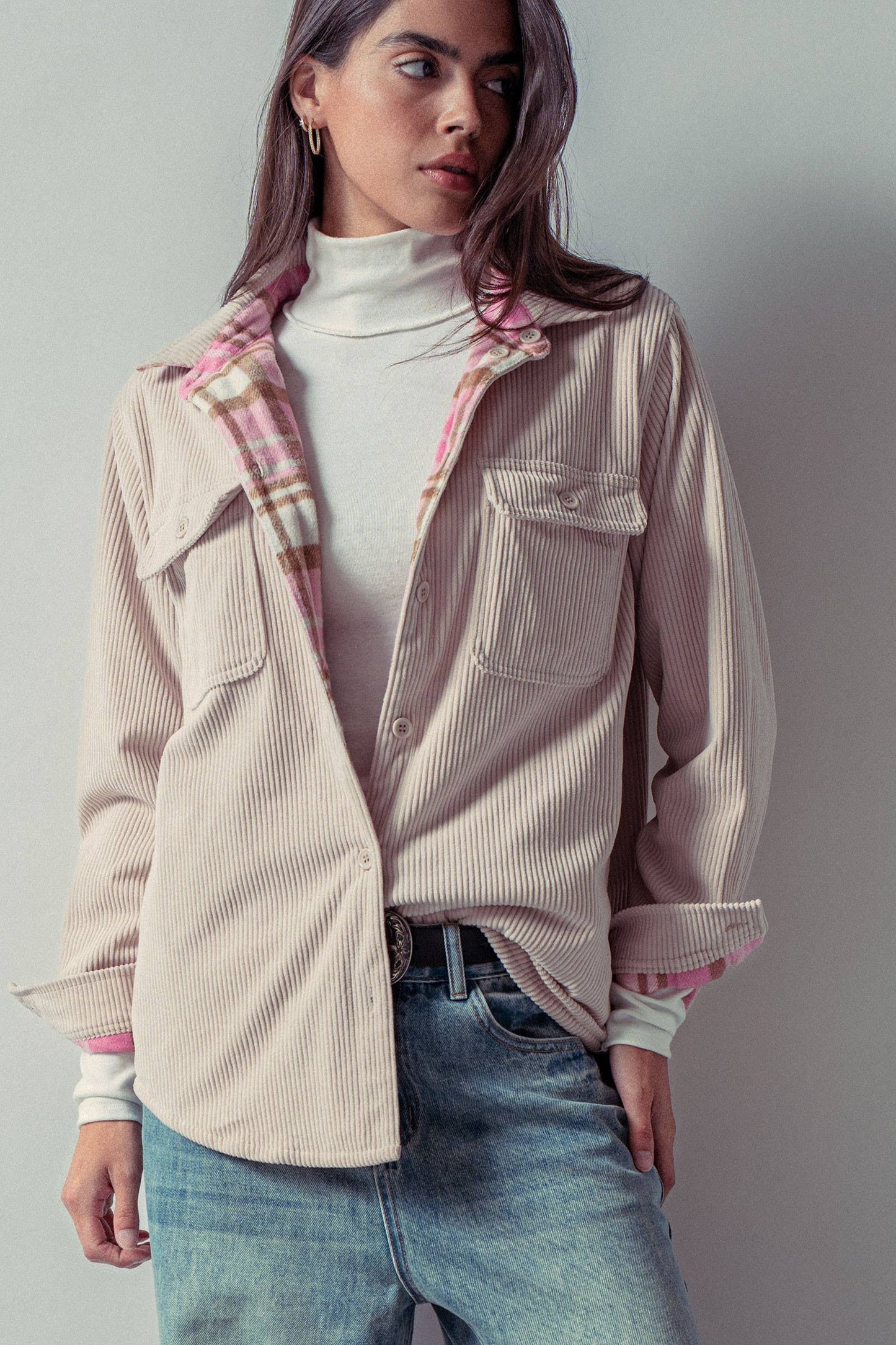 Plaid Flannel-Lined Corduroy Shacket