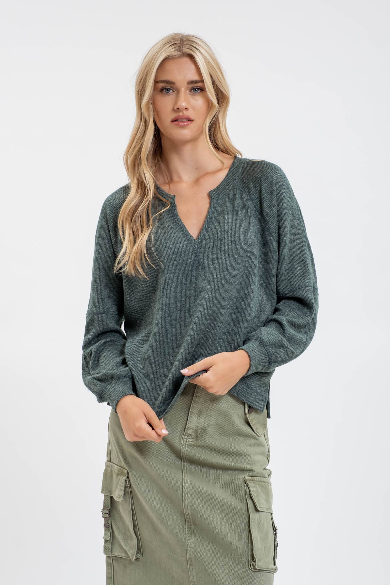 Split Neck Raglan Knit Top