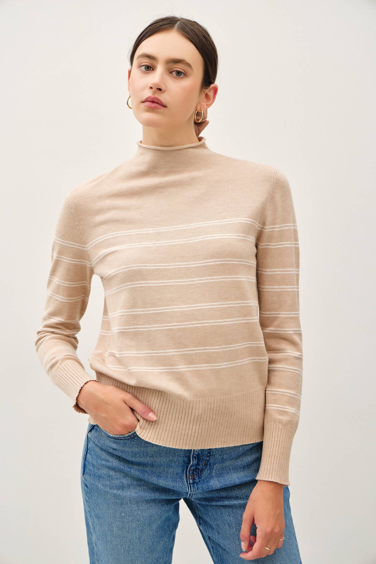 Thin Double Striped Mock Neck Sweater