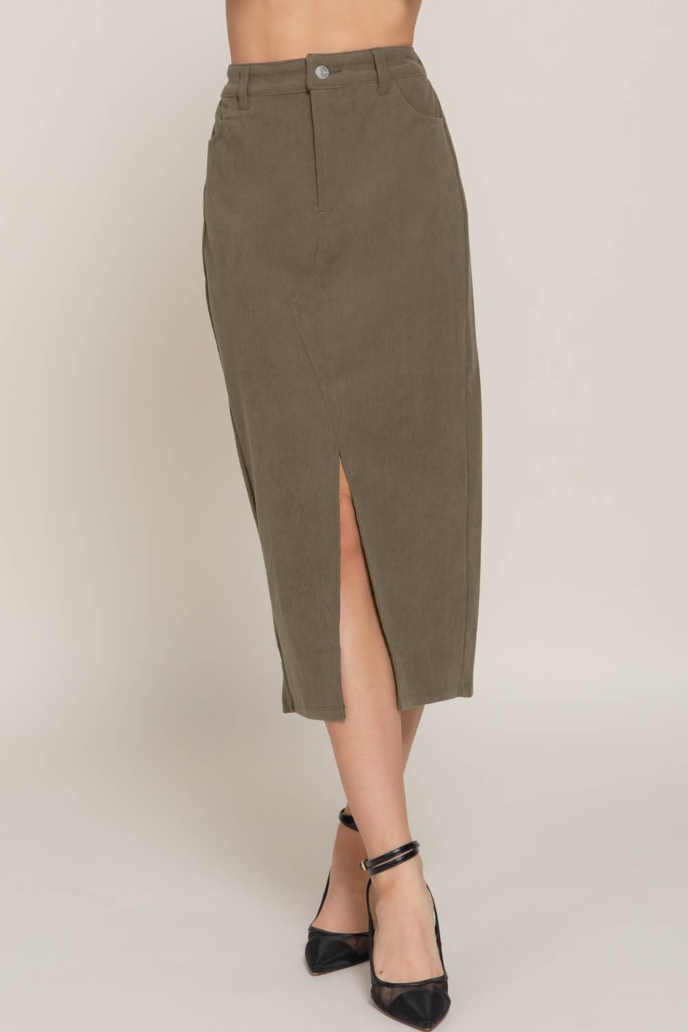 Slit Corduroy Midi Skirt | Olive