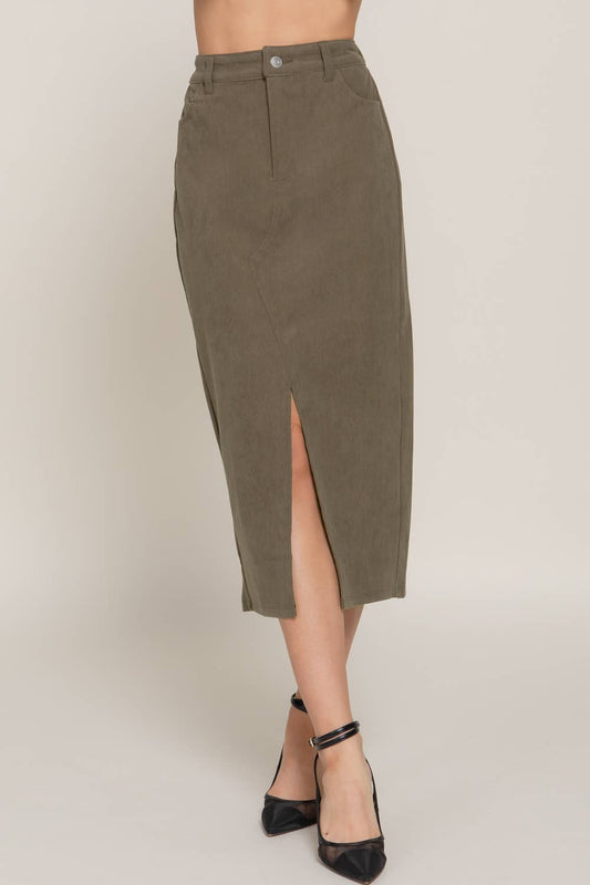 Slit Corduroy Midi Skirt | Olive