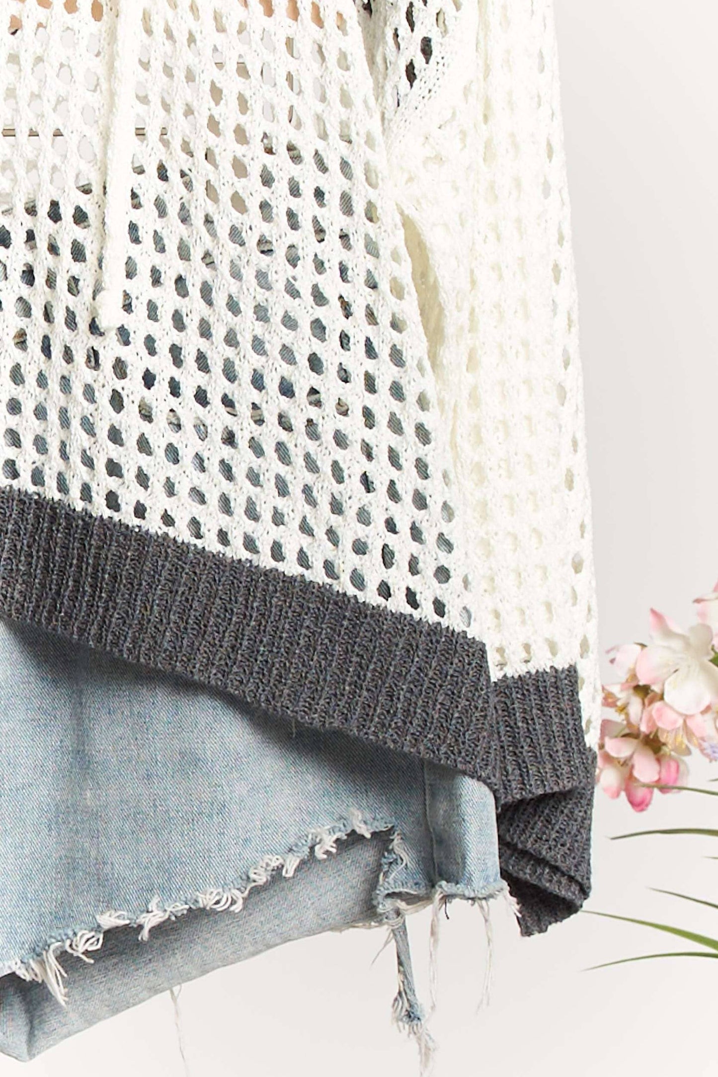 Hooded Fishnet Color Block Spring Sweater