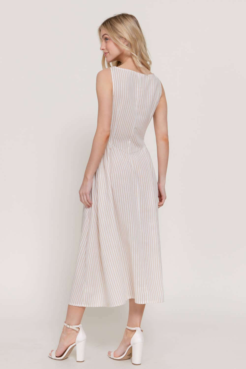 Stripe Print Linen Effect Dress | Beige